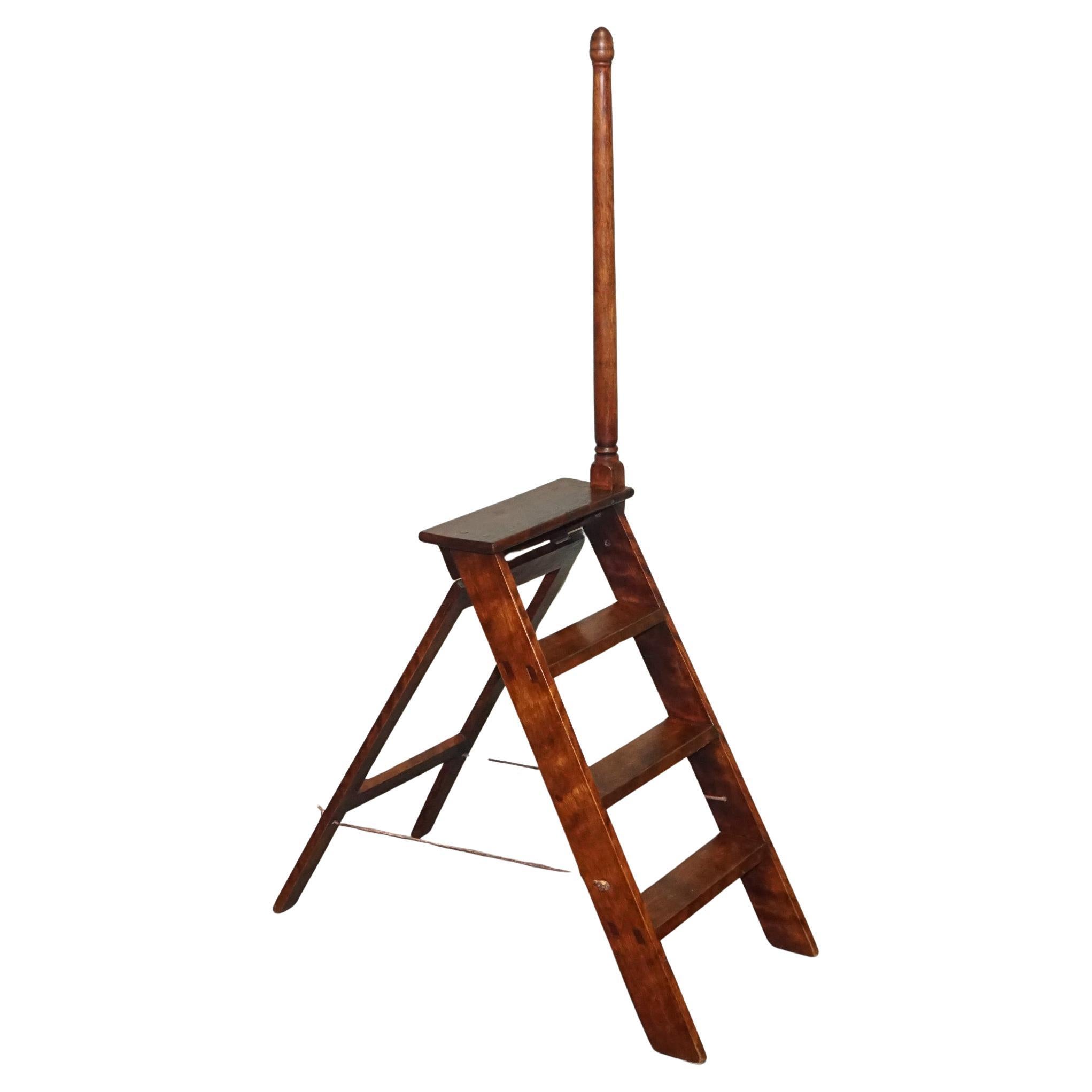 VINTAGE HARDWOOD LIBRARY LADDER FOLDING STEP STOOL WiTH TURNED POLE HANDLE For Sale
