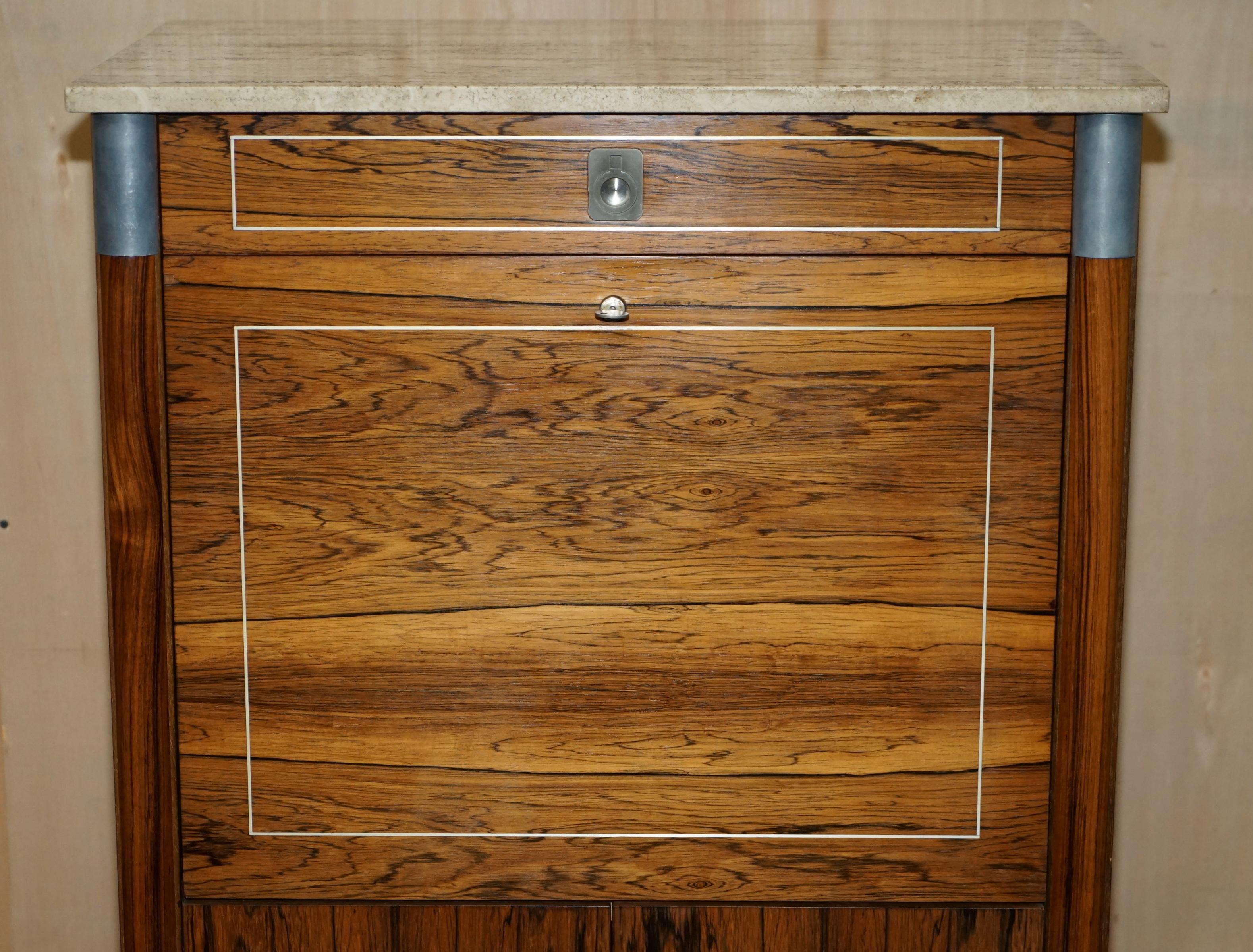 Art Deco Vintage Hardwood Marble Topped Chrome Drop Front Secretaire Desk with Drawers For Sale