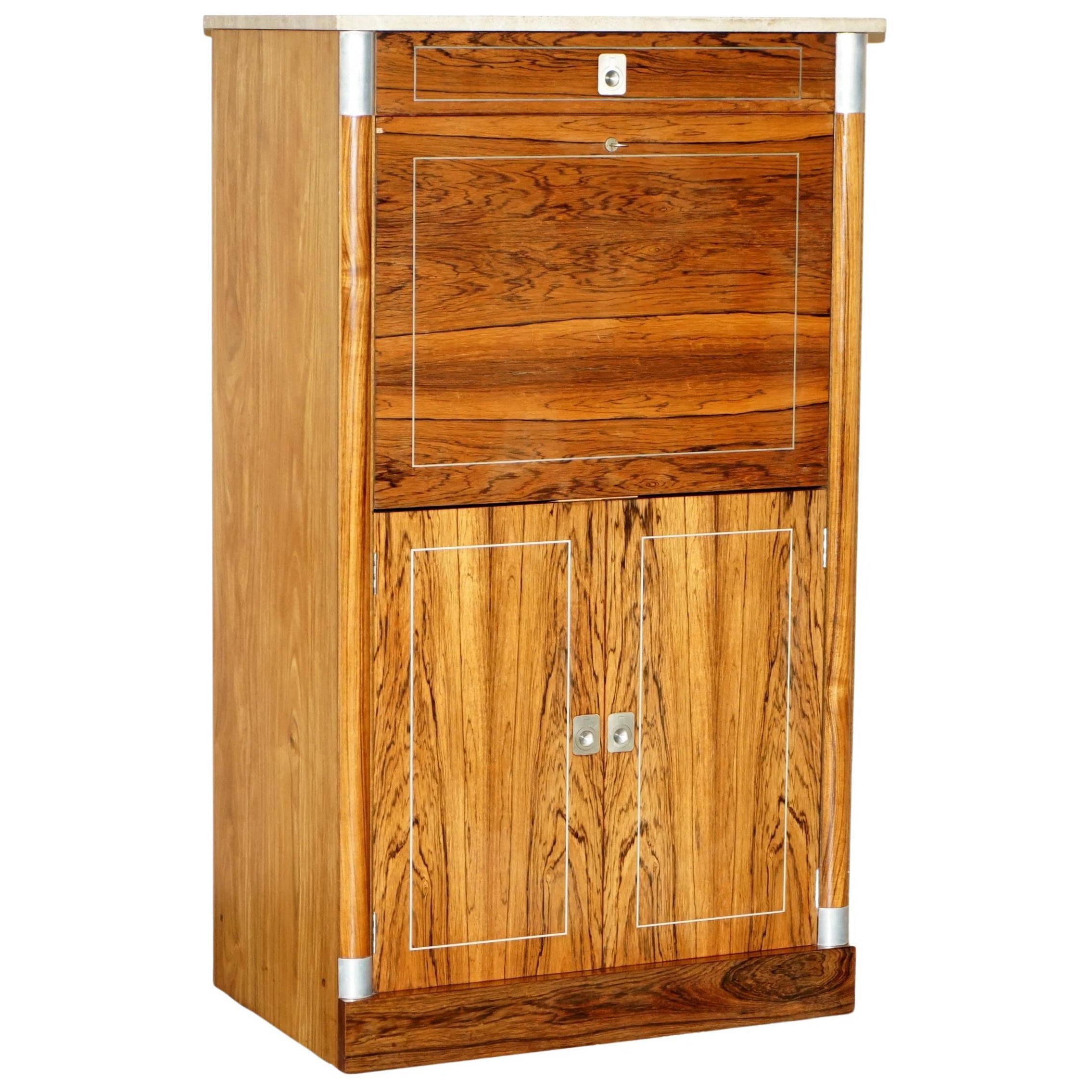 Vintage Hardwood Marble Topped Chrome Drop Front Secretaire Desk with Drawers