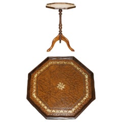 Vintage Hardwood Octagonal Brown Leather Tripod Side End Lamp Wine Table