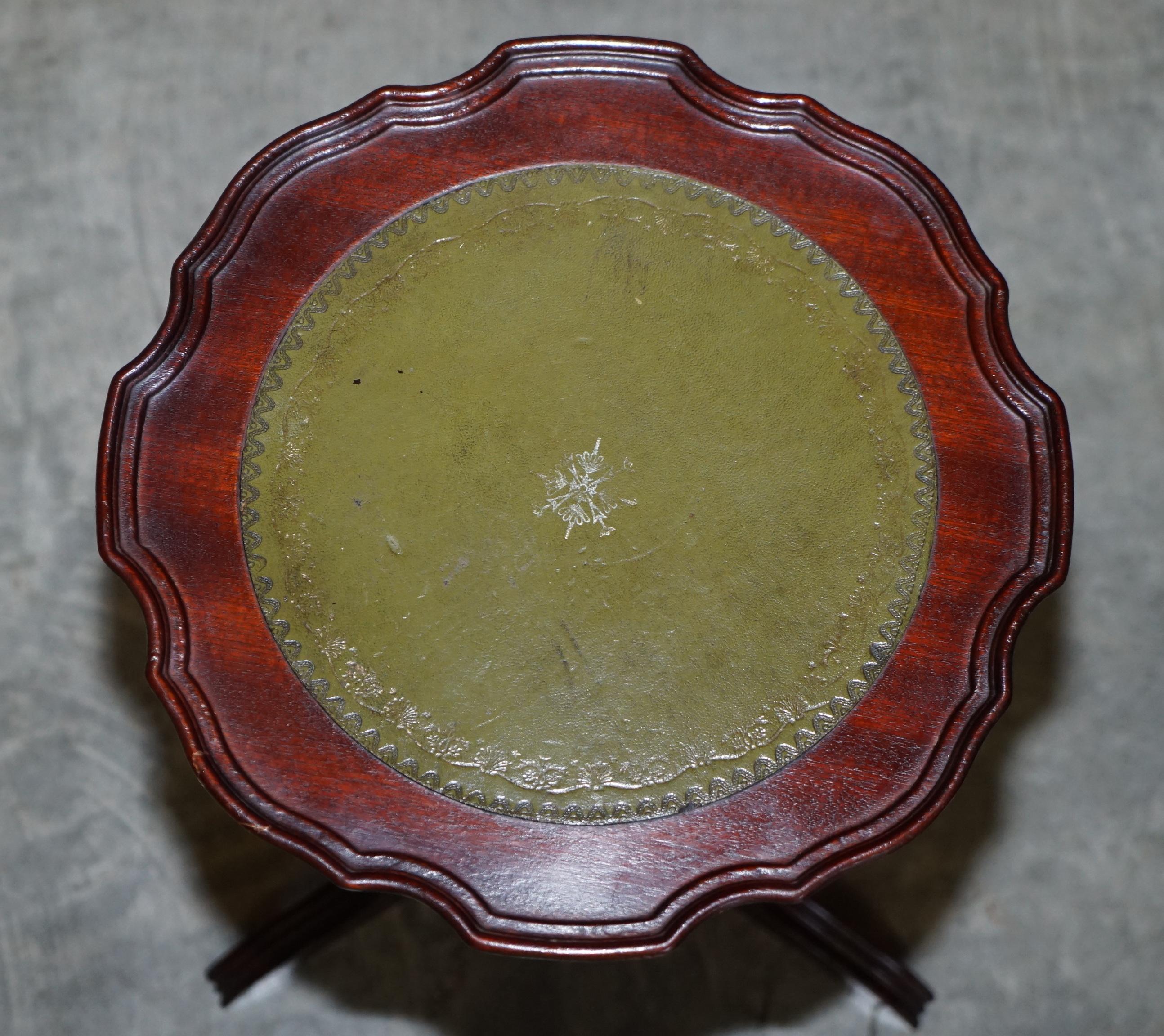 Victorian Vintage Hardwood Pie Crust Edge Green Leather Tripod Side End Lamp Wine Table