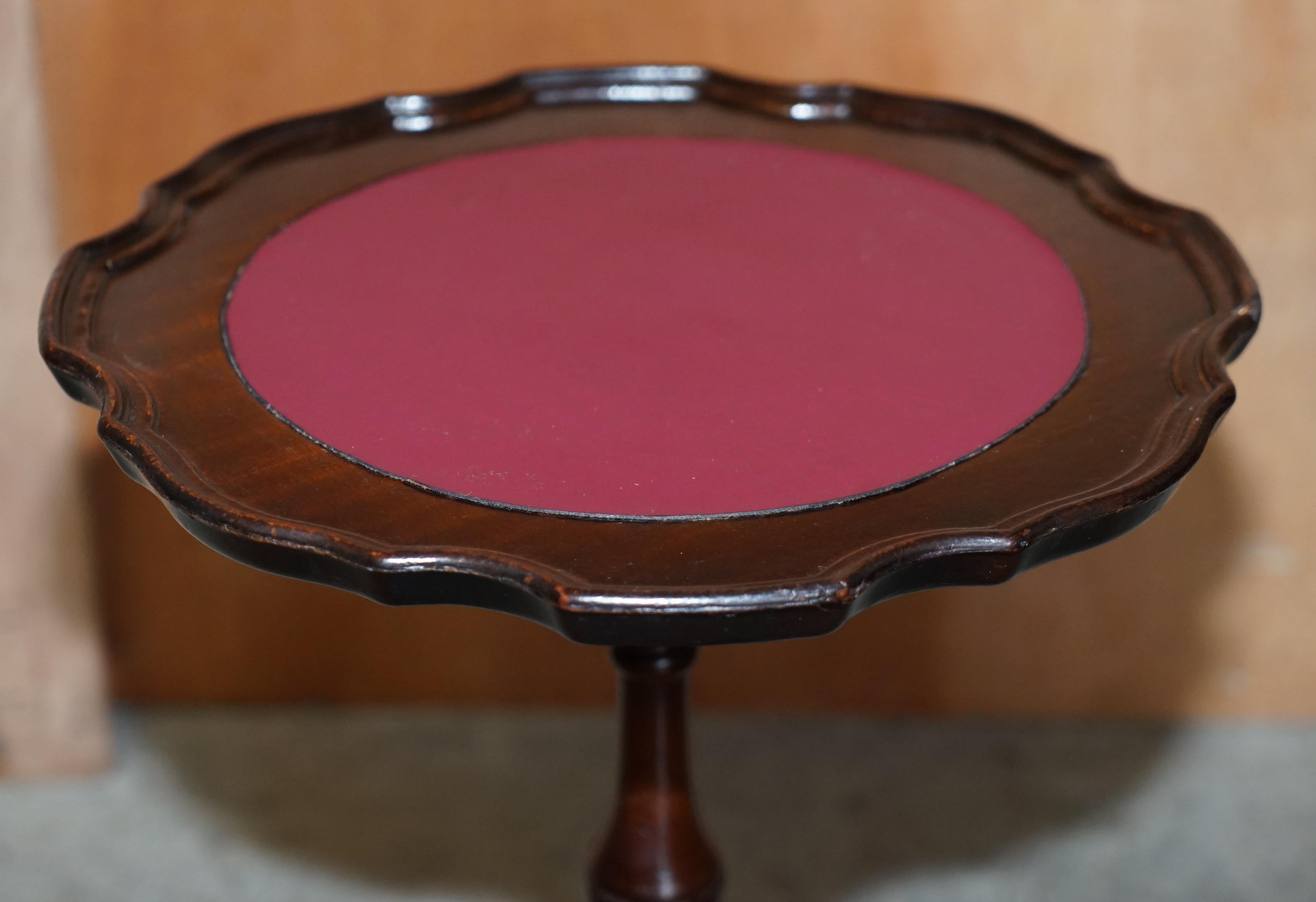 English Vintage Hardwood Pie Crust Edge Oxblood Leather Tripod Side End Lamp Wine Table