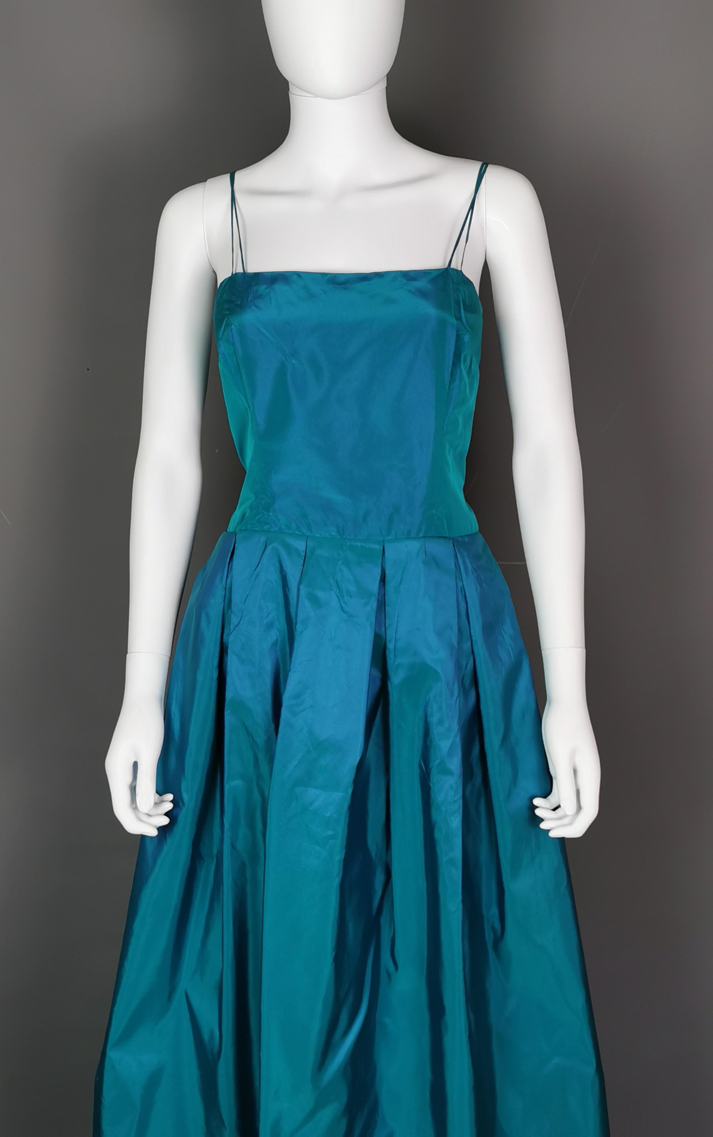 Women's Vintage Hardy Amies teal blue silk taffeta two piece dress, Jacket, Evening gown For Sale