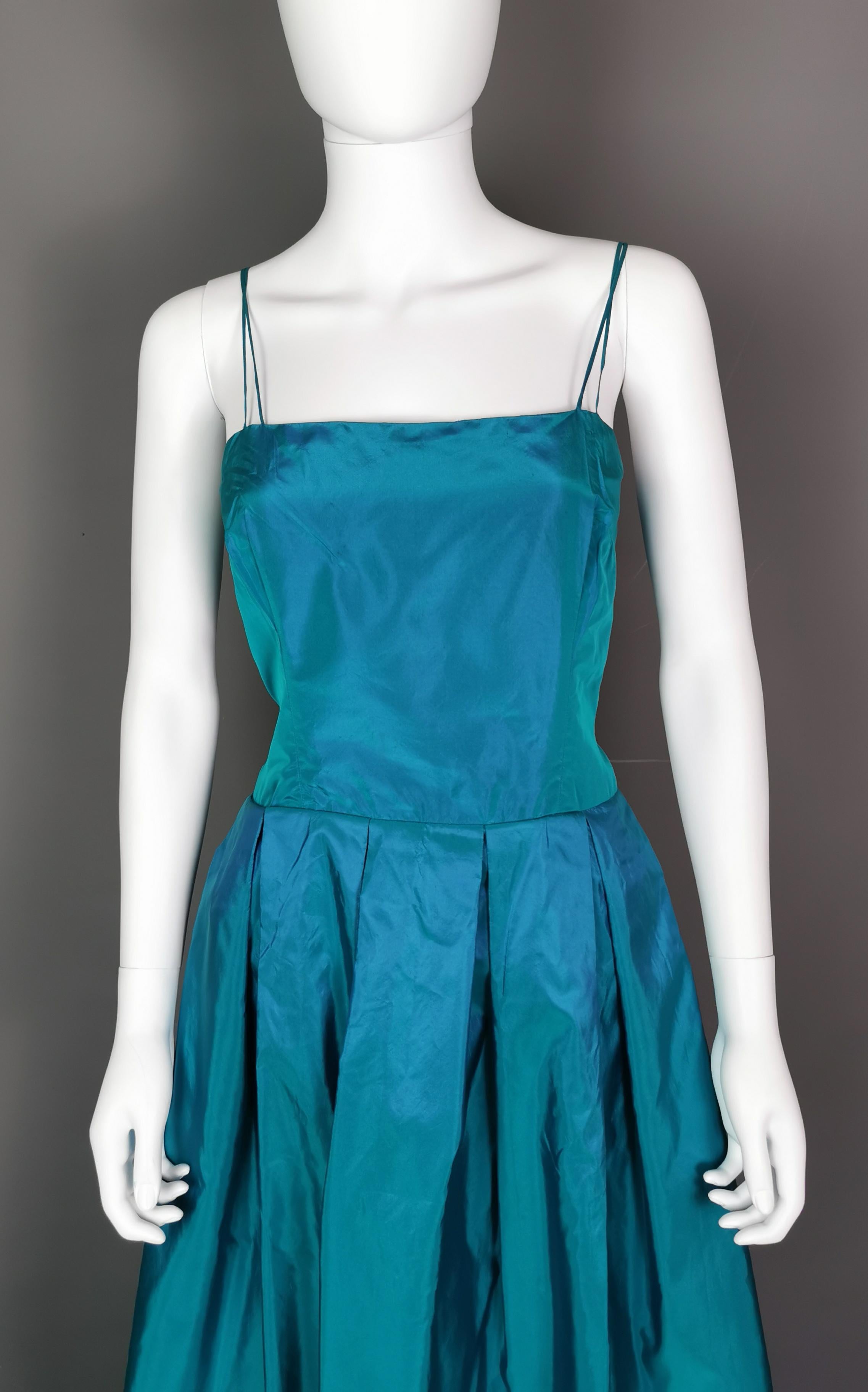 Vintage Hardy Amies teal blue silk taffeta two piece dress, Jacket, Evening gown For Sale 1