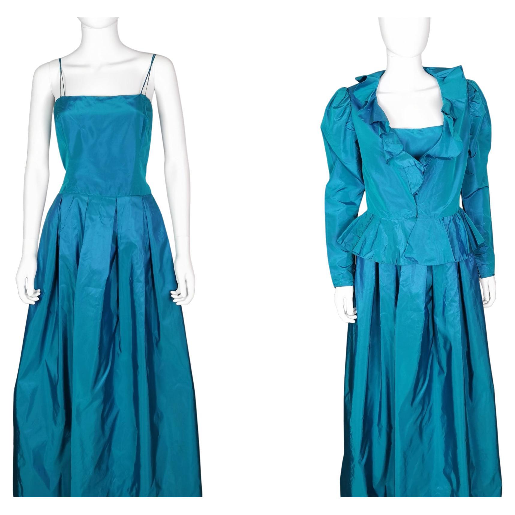 Vintage Hardy Amies teal blue silk taffeta two piece dress, Jacket, Evening gown For Sale