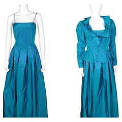 Vintage Hardy Amies teal blue silk taffeta two piece dress, Jacket, Evening gown