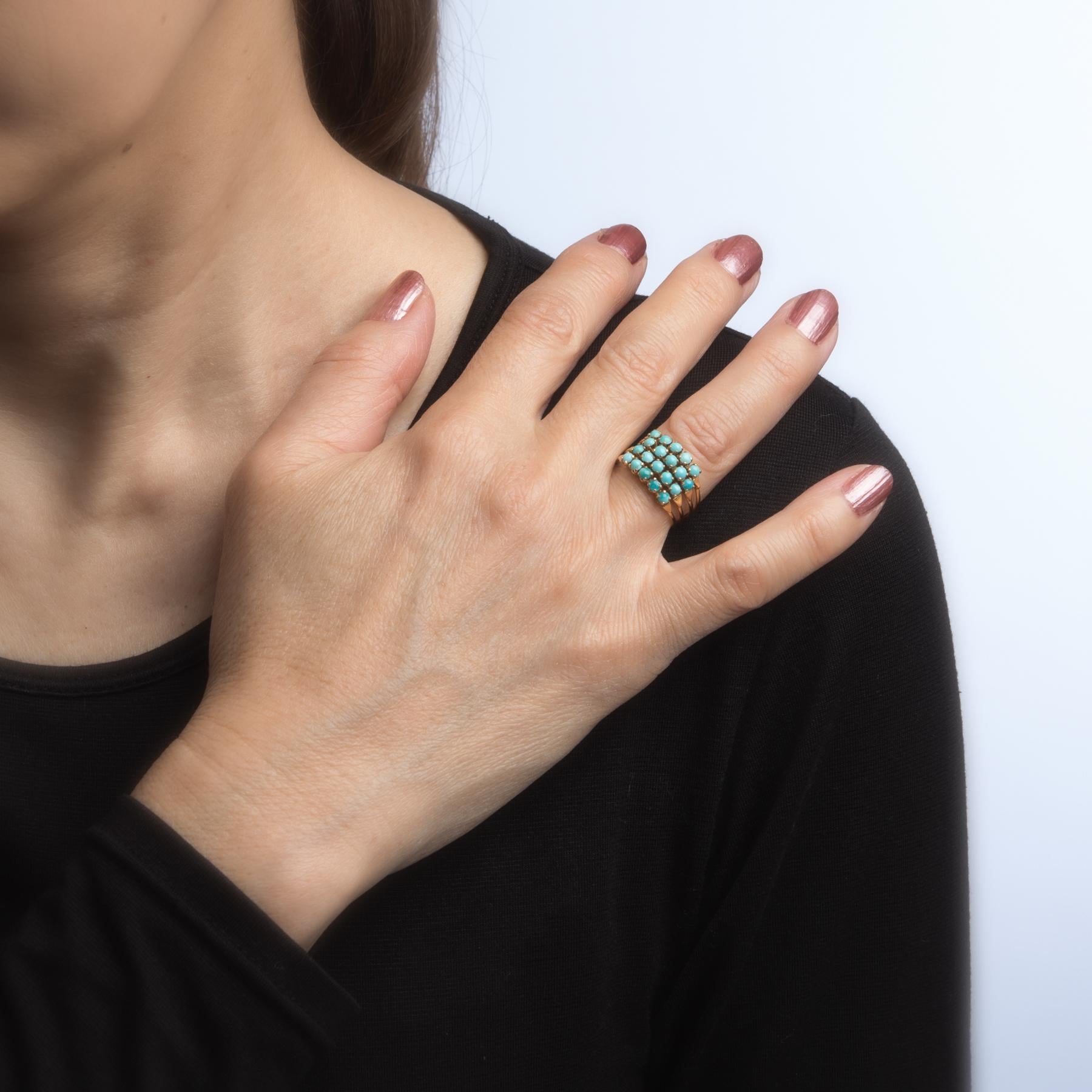 Round Cut Vintage Harem Ring Turquoise 18 Karat Yellow Gold 4 Bands Estate Fine Jewelry