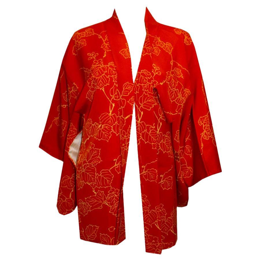Vintage Hari /Short Kimono with Leaf Print Decoration. For Sale