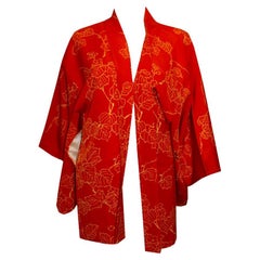 Vintage Hari /Short Kimono with Leaf Print Decoration.