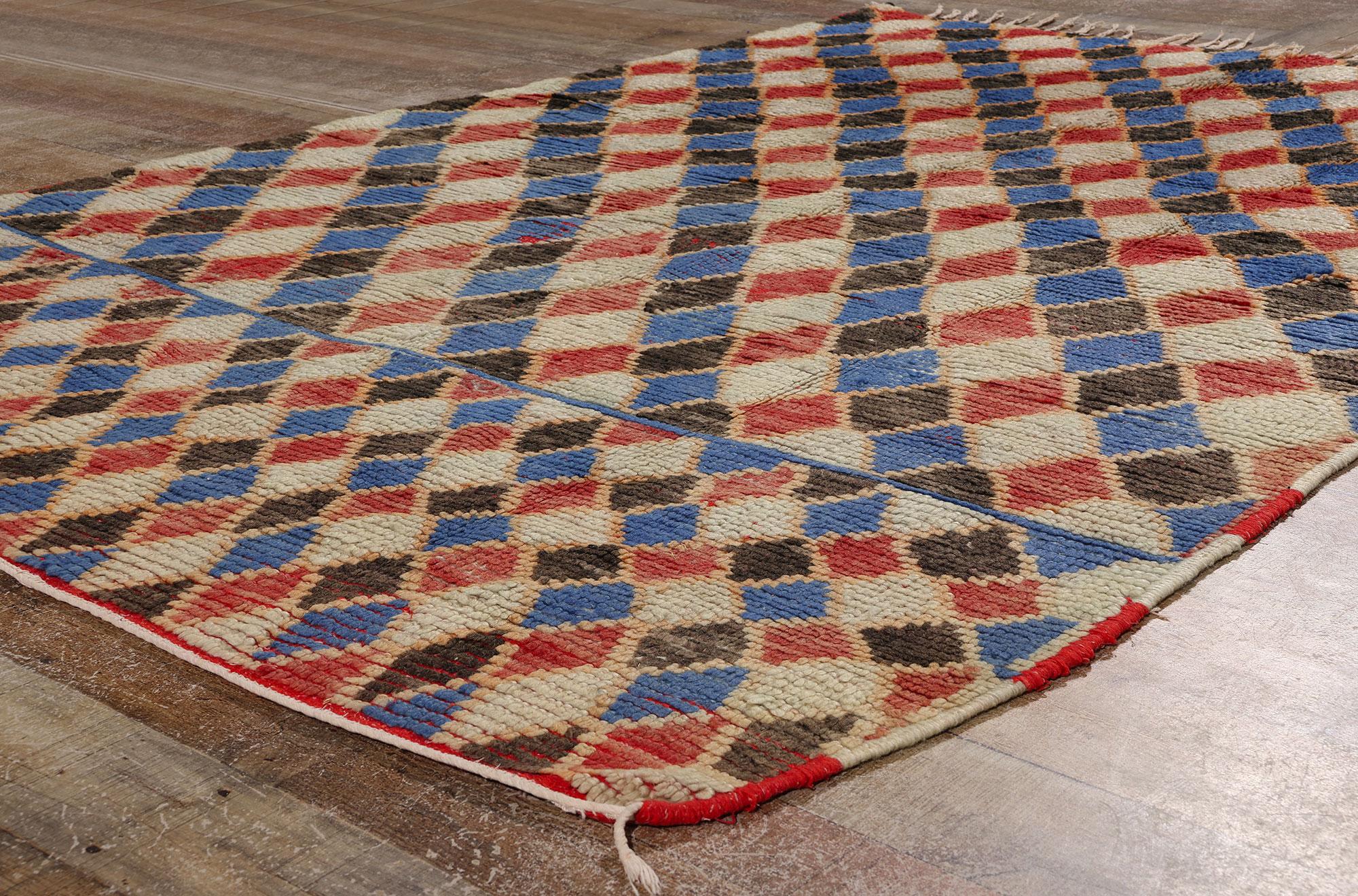 Wool Vintage Harlequin Moroccan Azilal Rug, Maximalist Style Meets Nomadic Charm For Sale
