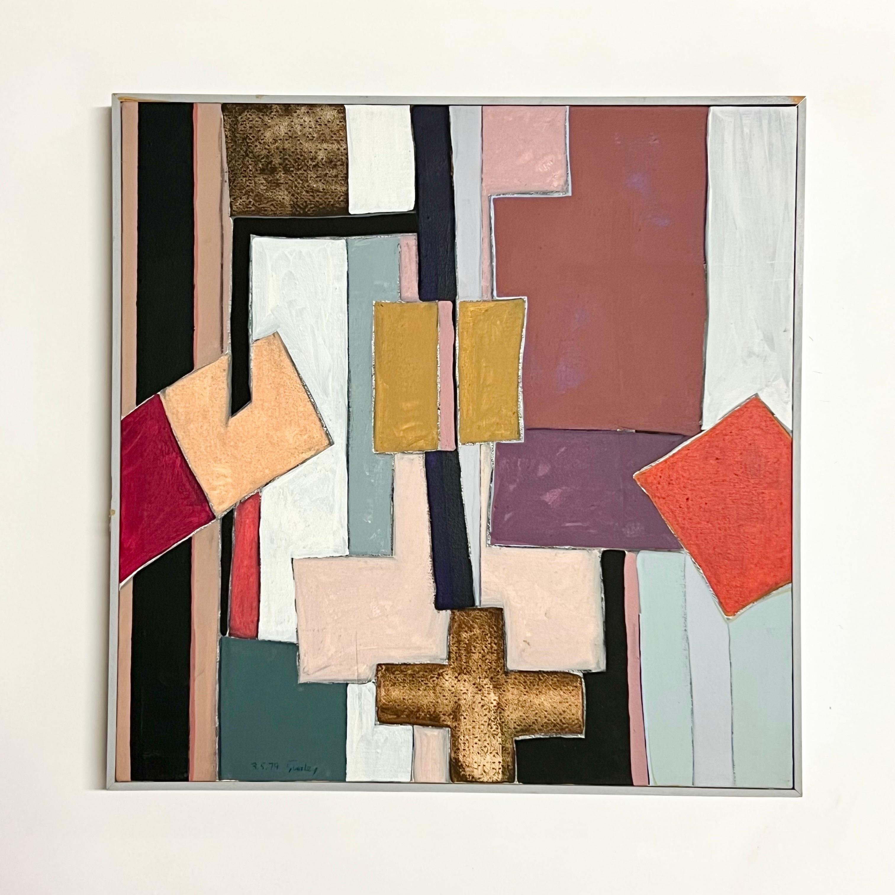 Beautiful geometric abstract oil on canvas by American artist, Harley Francis (1940-2017). Francis was an incredibly prolific artist, painter, set designer, and ceramicist. Francis was based in Northern California in his later years and was heavily