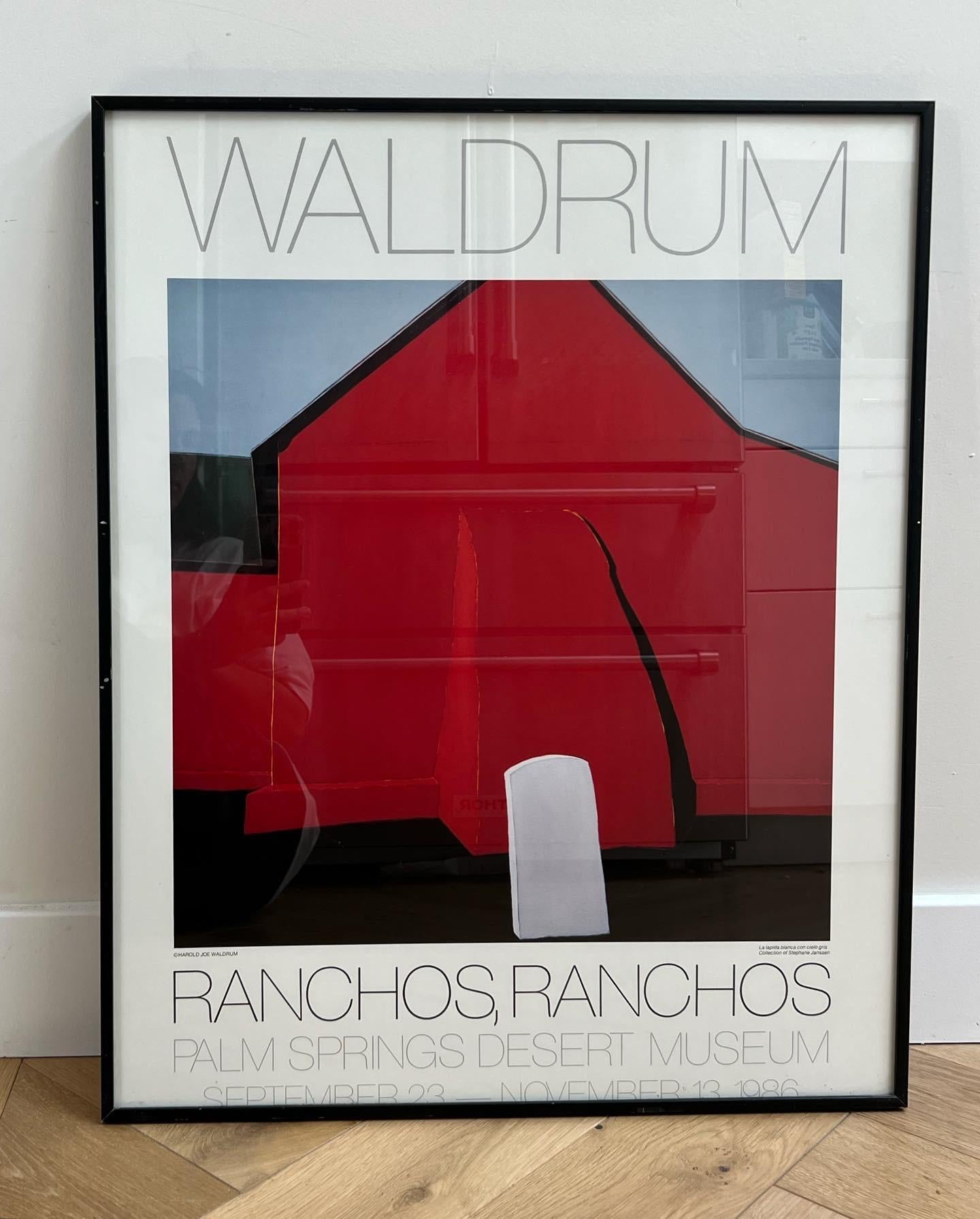 A vintage Harold Waldrum exhibition poster from the Palm Springs Desert Museum, 1986. Framed in ebonized titanium and behind glass. Featuring his work « La lapida blanca con cielo gris » (the white tombstone with gray sky). Interestingly, the title