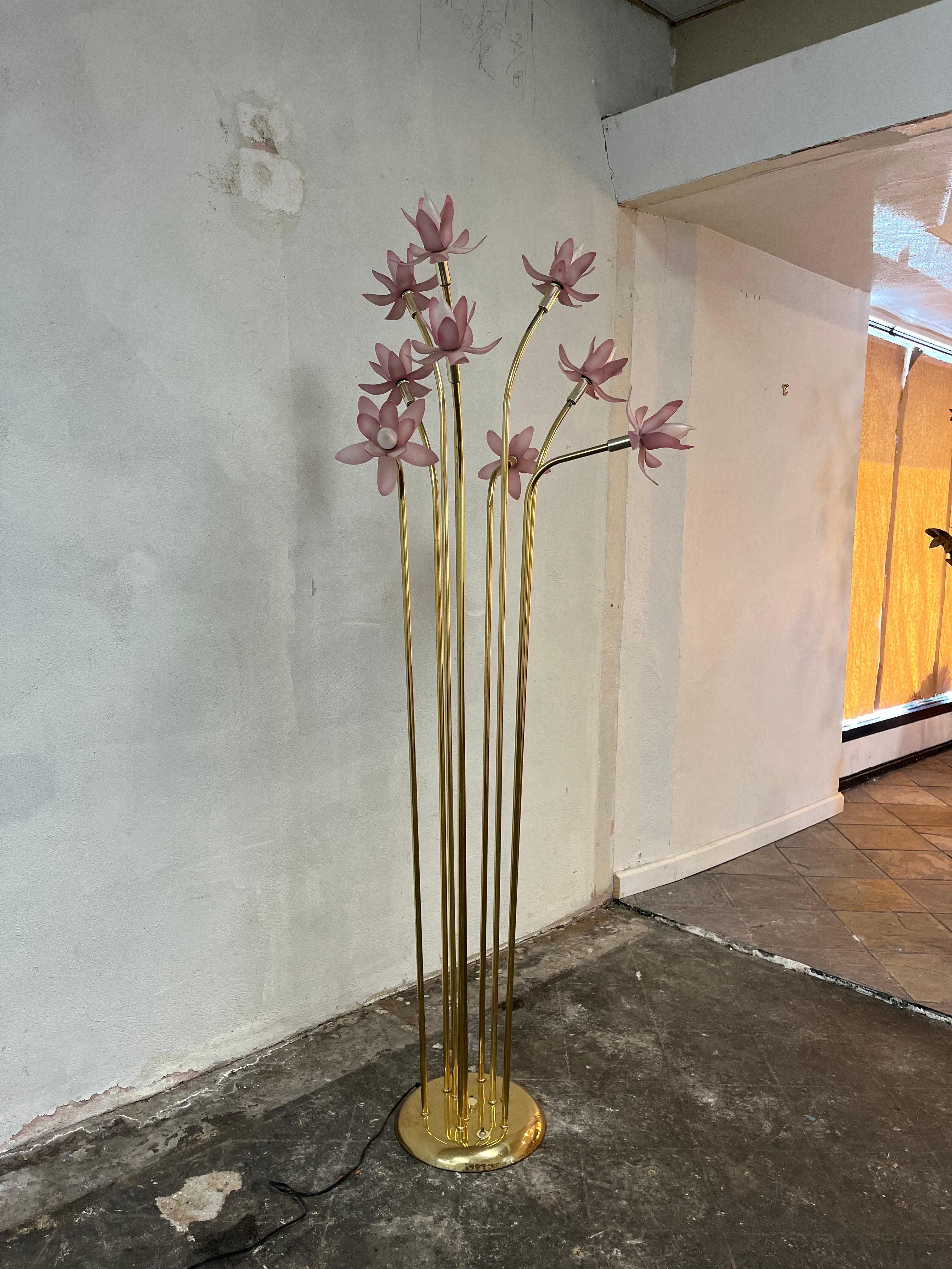Fun and beautiful 9 light floor lamp with frosted acrylic flower shades in the manner of Rougier. 3 way lighting for mood control. Long brass stems offer nice contrast to purplish flowers. 
Curbside to NYC/Philly $300