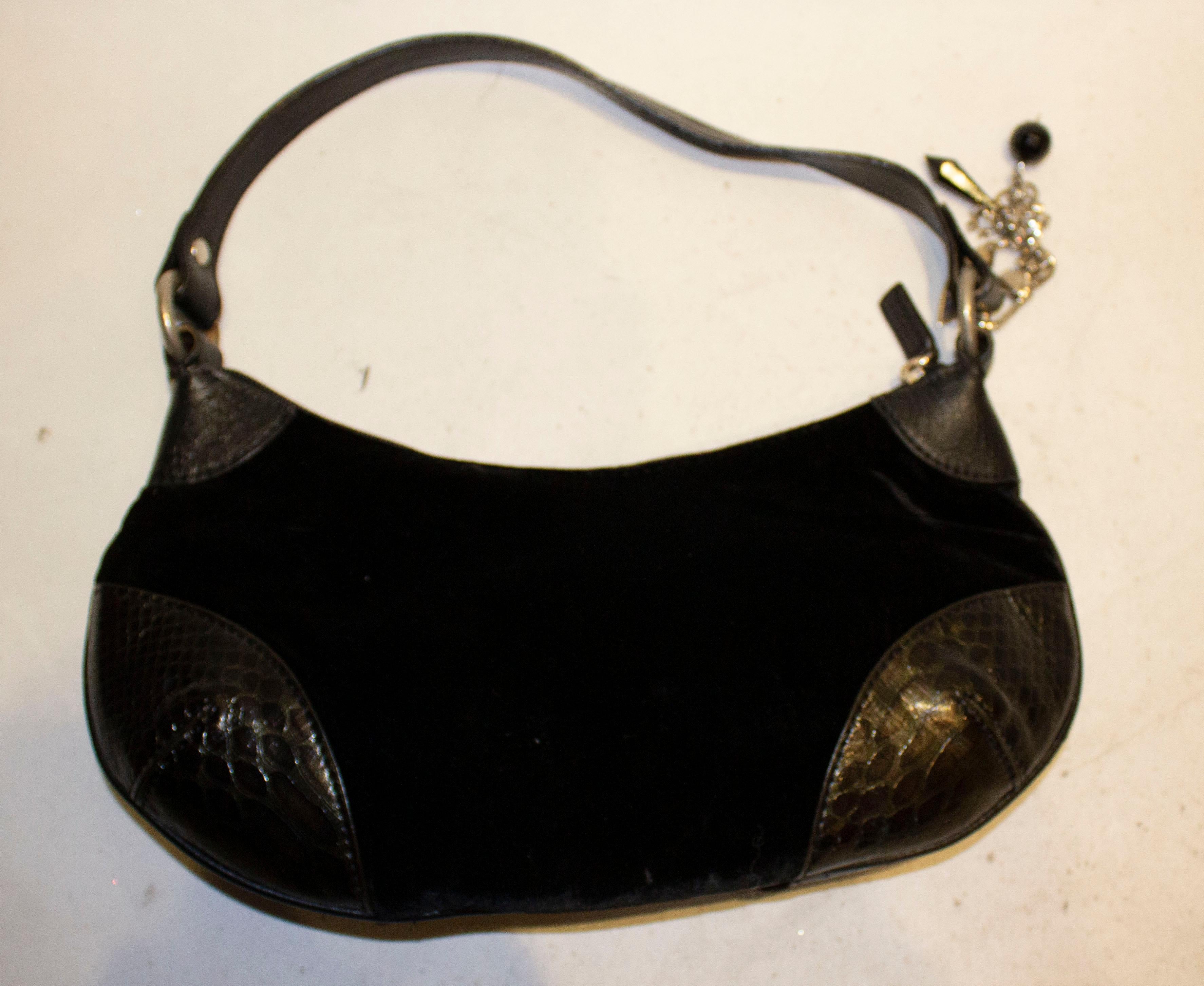Vintage Harrods Black Velvet , Snakeskin and Leather Handbag 1
