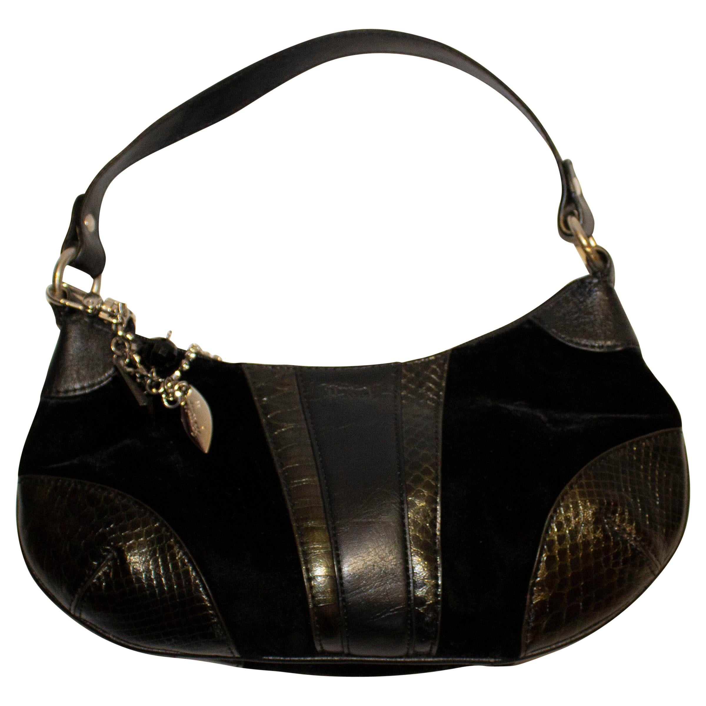 Vintage Harrods Black Velvet , Snakeskin and Leather Handbag