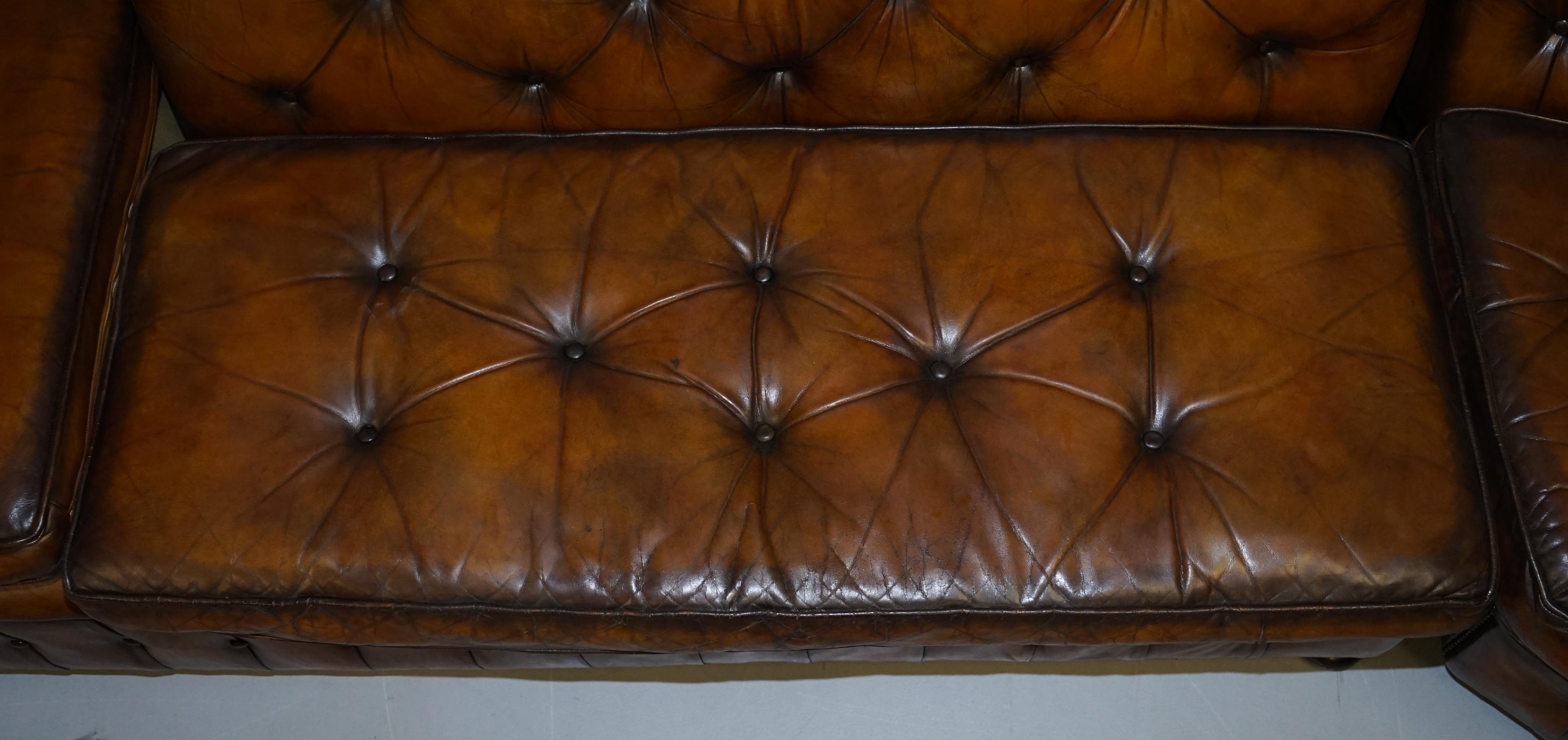 Vintage Harrods Chesterfield Hand Dyed Cigar Brown Leather Corner Sofa Walnut For Sale 4