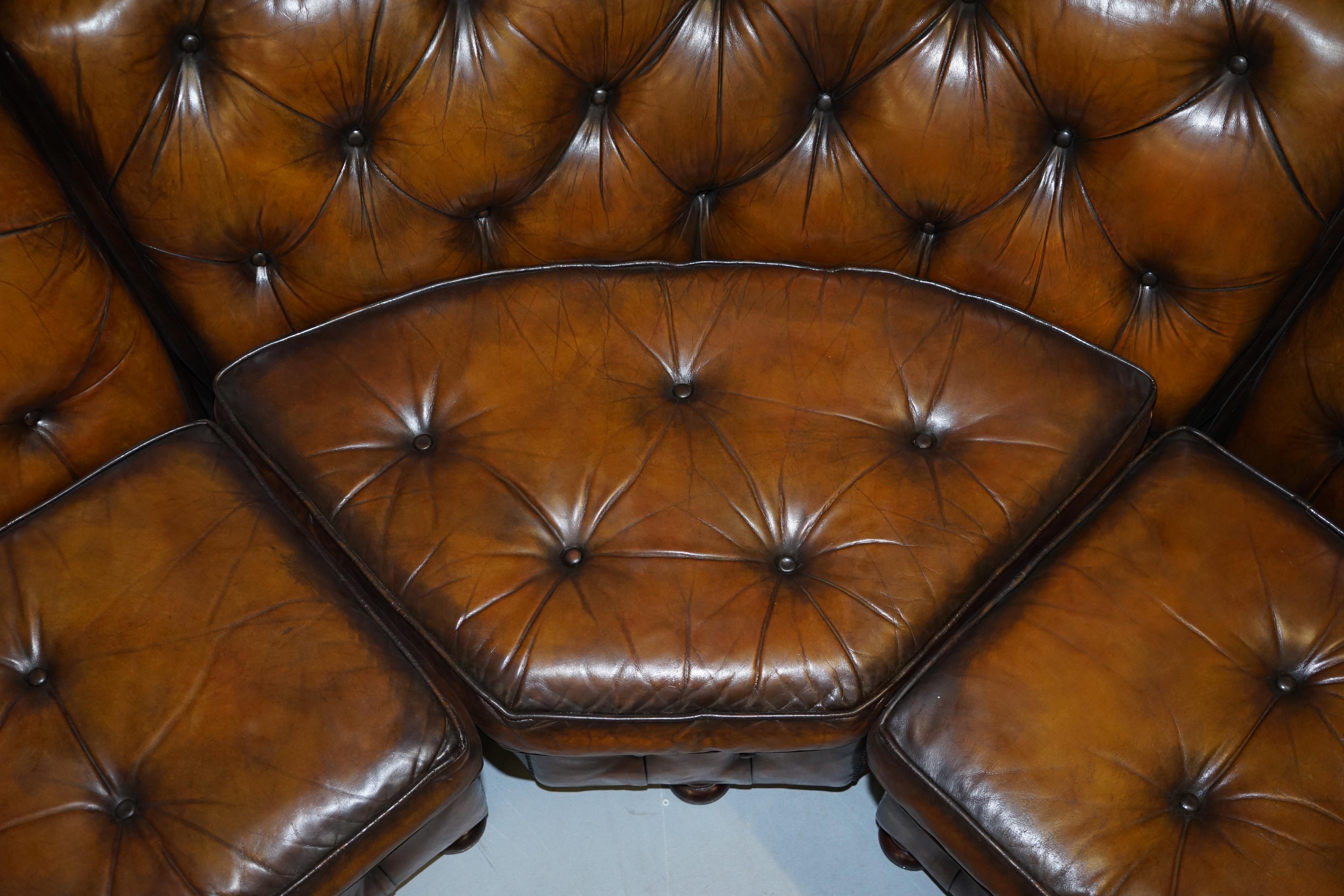 Vintage Harrods Chesterfield Hand Dyed Cigar Brown Leather Corner Sofa Walnut For Sale 5