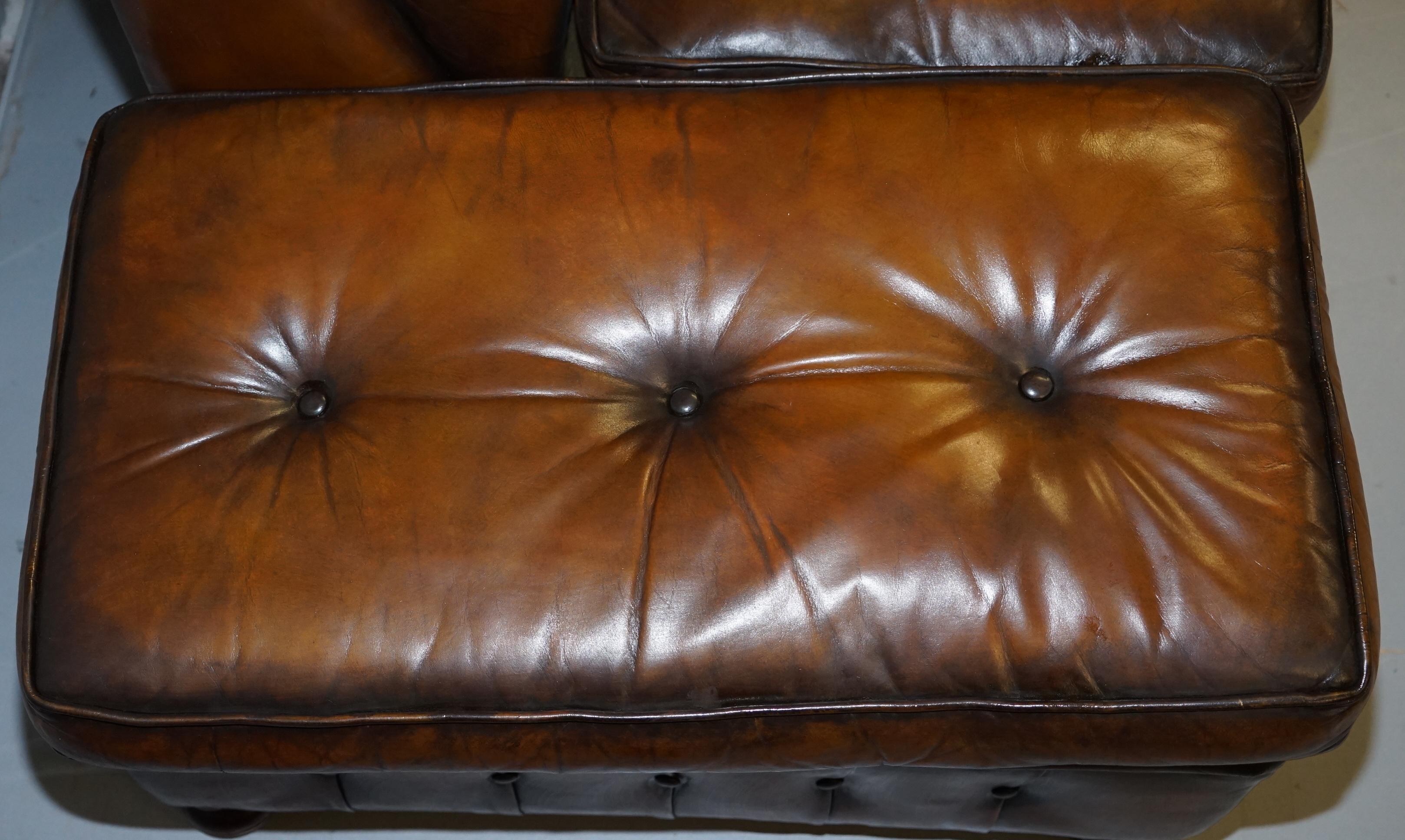 Vintage Harrods Chesterfield Hand Dyed Cigar Brown Leather Corner Sofa Walnut For Sale 6