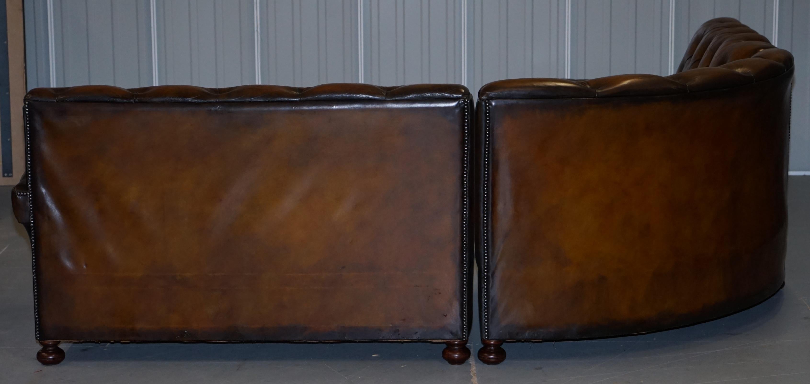 Vintage Harrods Chesterfield Hand Dyed Cigar Brown Leather Corner Sofa Walnut For Sale 8