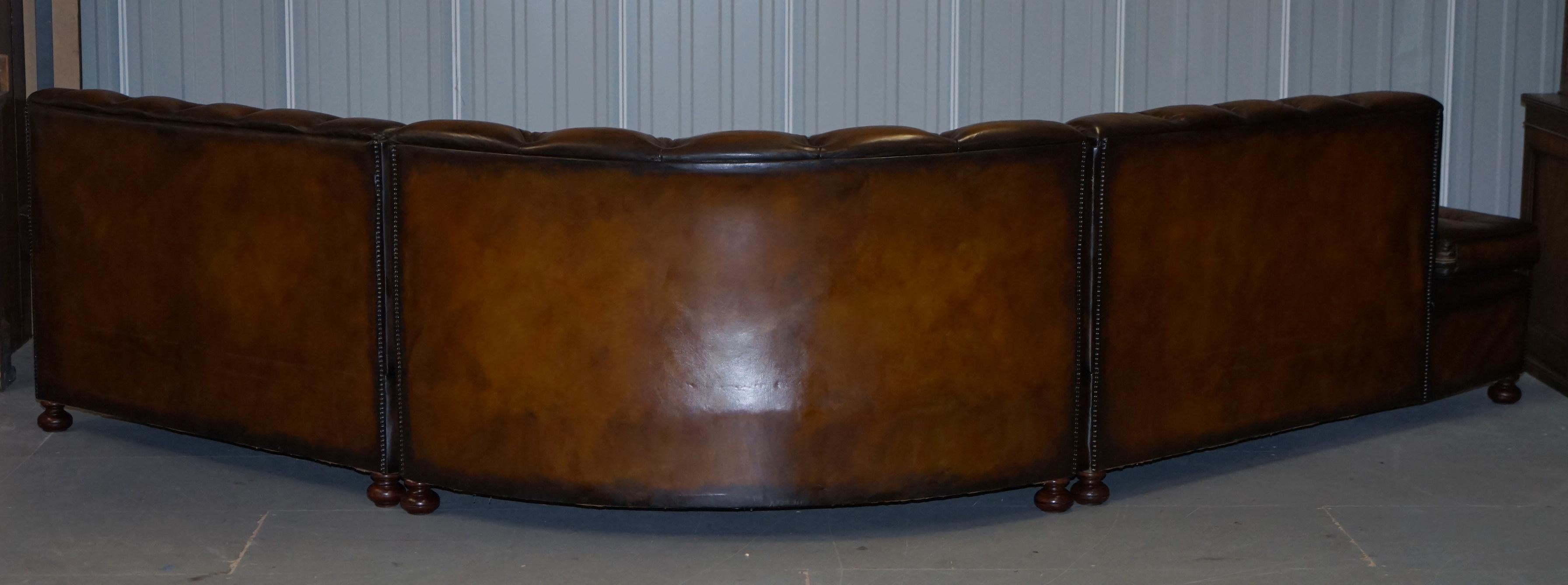 Vintage Harrods Chesterfield Hand Dyed Cigar Brown Leather Corner Sofa Walnut For Sale 9
