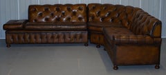 Vintage Harrods Chesterfield Hand Dyed Cigar Brown Leather Corner Sofa Walnut