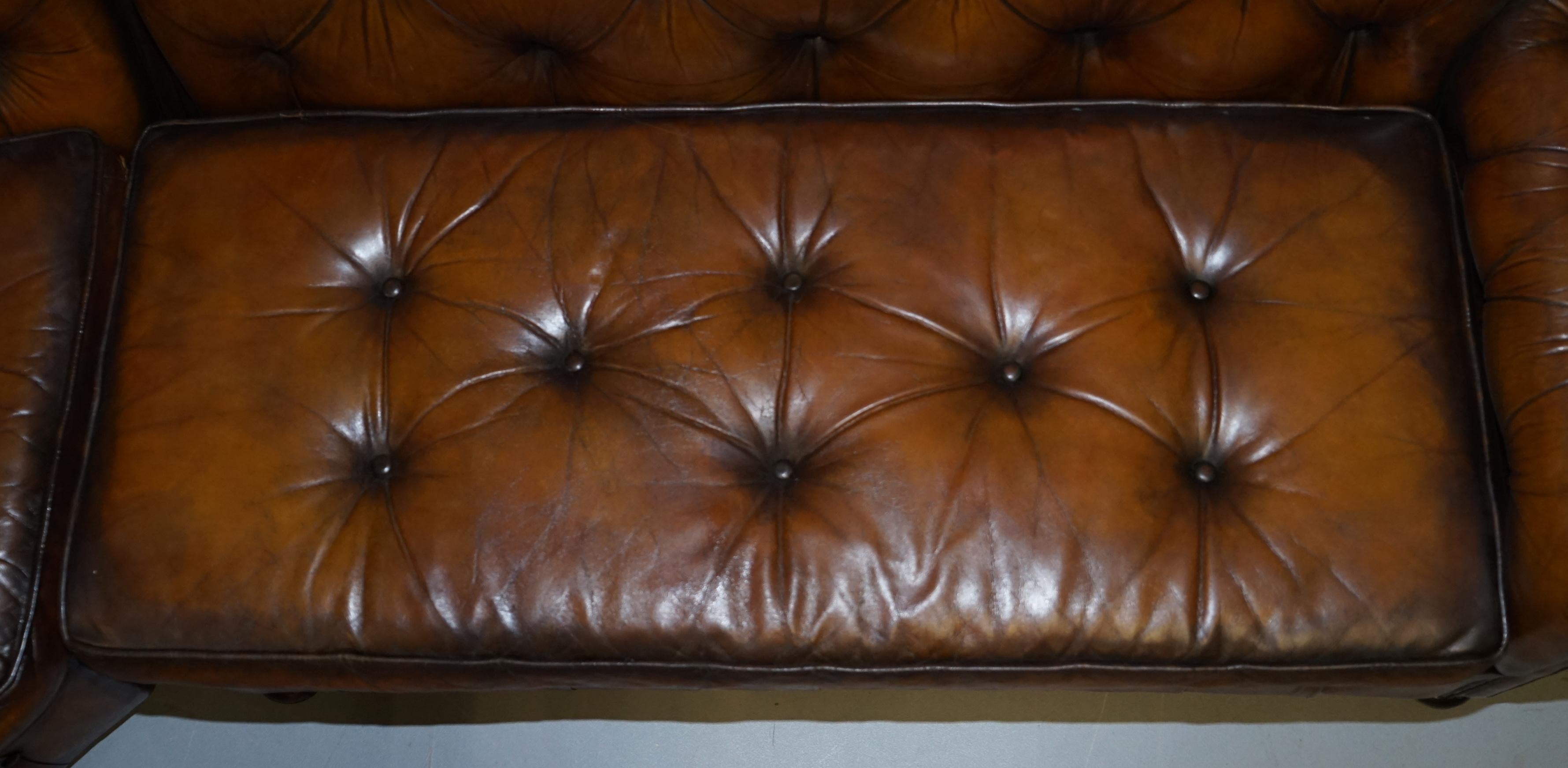 English Vintage Harrods Chesterfield Hand Dyed Cigar Brown Leather Corner Sofa Walnut For Sale