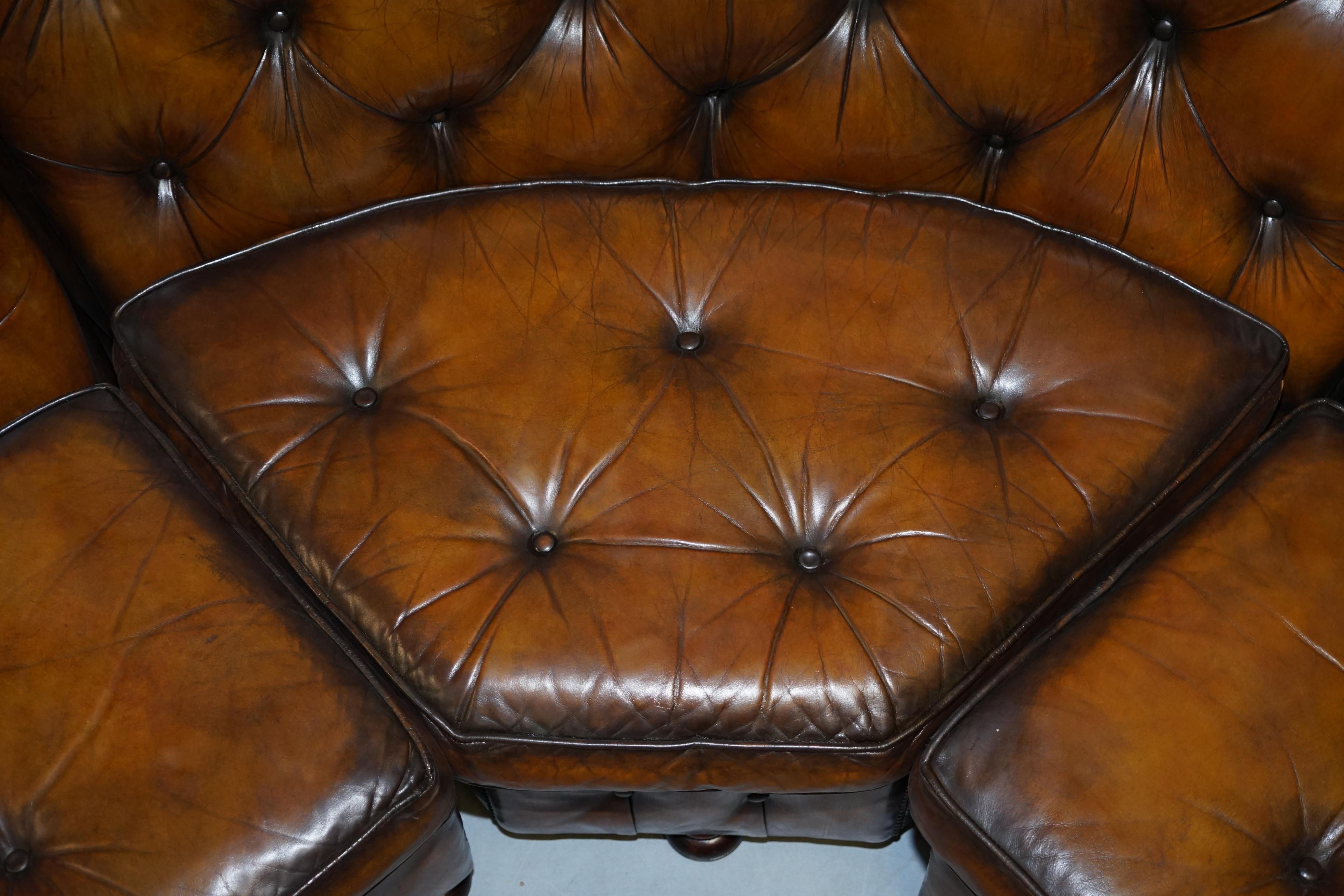 Vintage Harrods Chesterfield Hand Dyed Cigar Brown Leather Corner Sofa Walnut For Sale 1