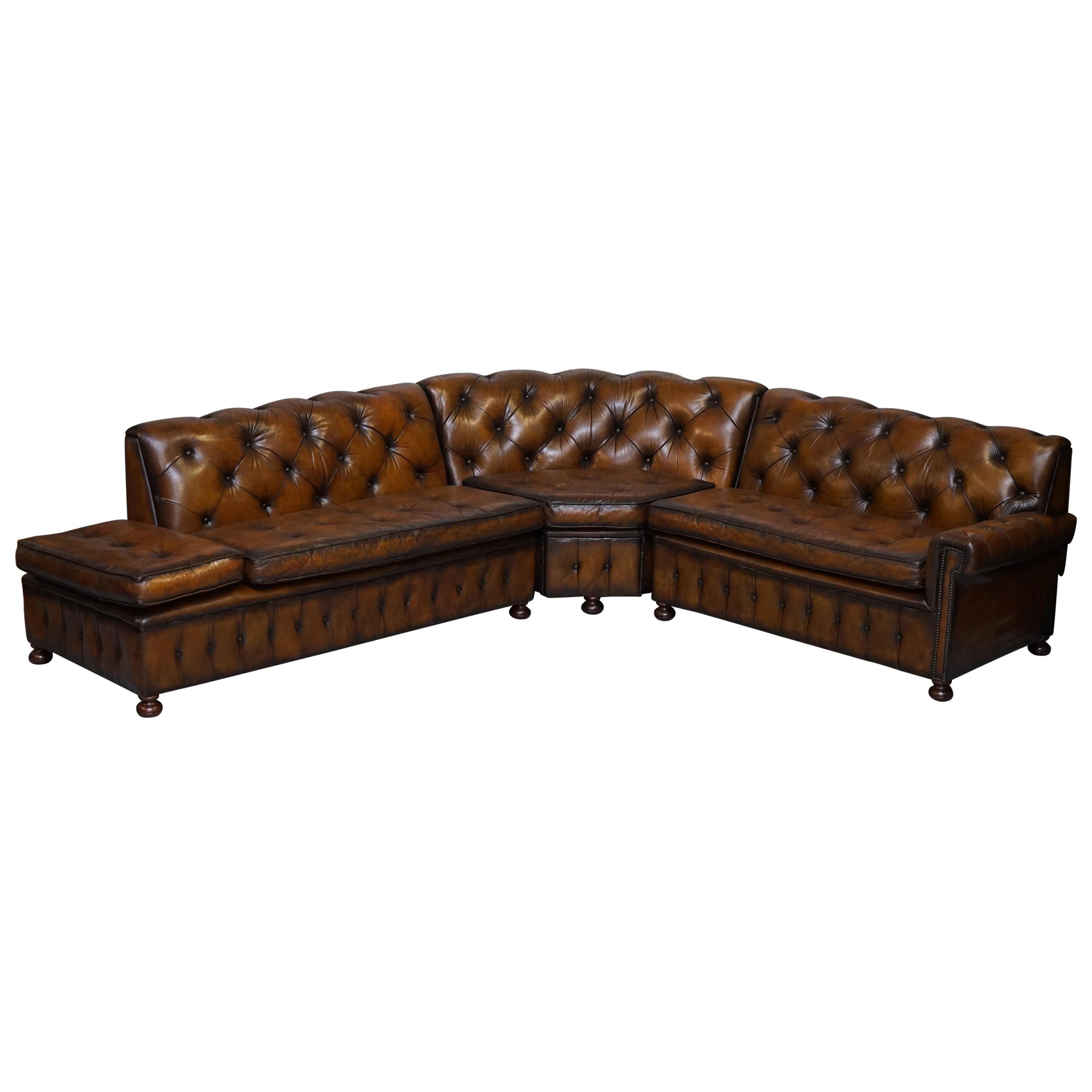 Vintage Harrods Chesterfield Hand Dyed Cigar Brown Leather Corner Sofa Walnut For Sale