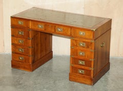 VINTAGE HARRODS GREEN LEATHER BURR YEW WOOD MiLITARY CAMPAIGN PEDESTAL DESK