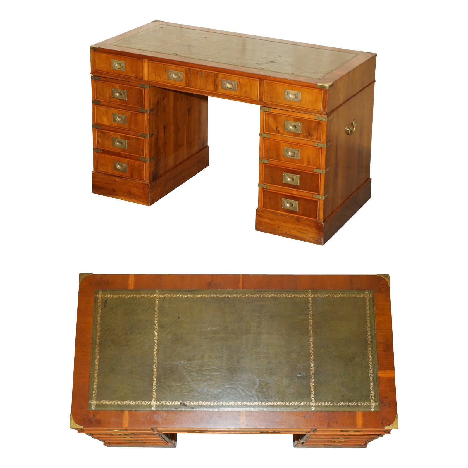VINTAGE HARRODS GREEN LEATHER BURR YEW WOOD MiLITARY CAMPAIGN PEDESTAL DESK