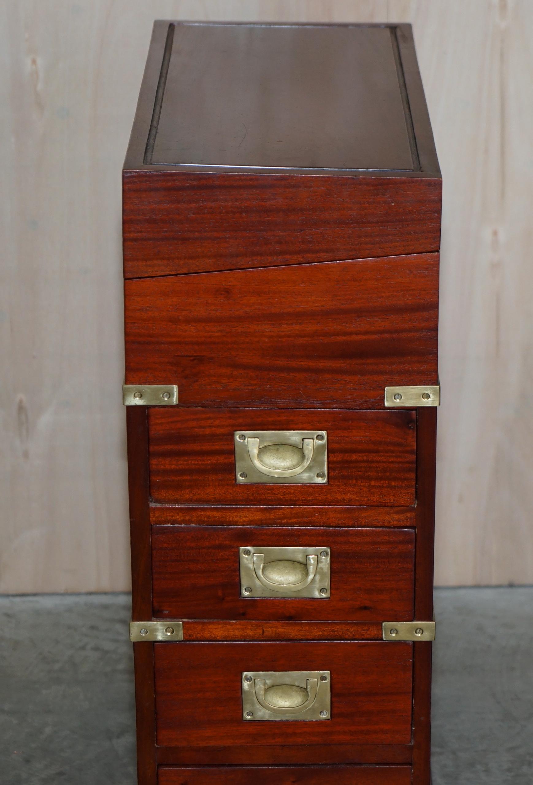 Campaign Vintage Harrods Kennedy Hardwood & Brass Small Davenport Pedestal Desk Table