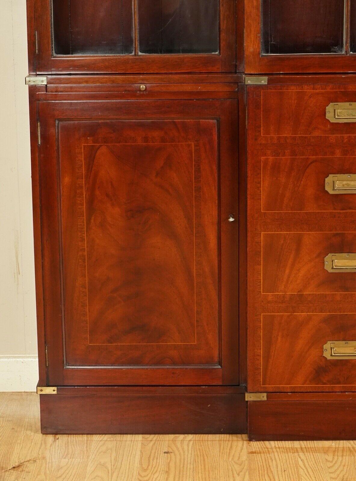 Vintage Harrods Kennedy Military Campaign Breakfront Library Display Cabinet In Good Condition In West Sussex, Pulborough