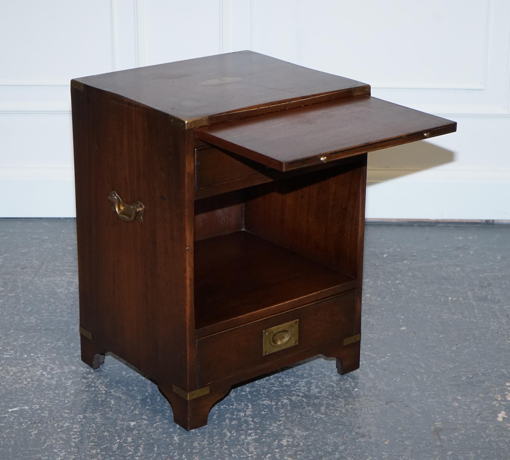 Hand-Crafted Vintage Harrods Kennedy Military Campaign Mahogany Bedside End Table 2 Drawers