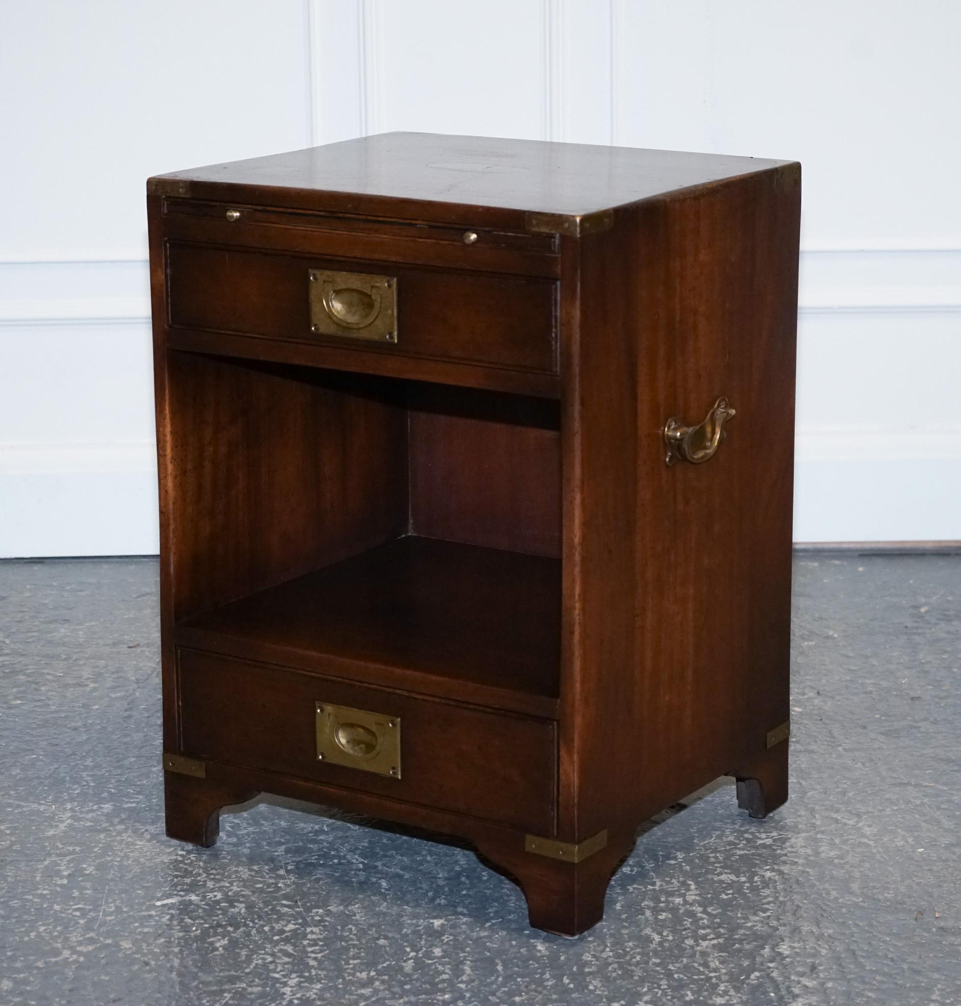 Vintage Harrods Kennedy Military Campaign Mahogany Bedside End Table 2 Drawers In Good Condition In Pulborough, GB