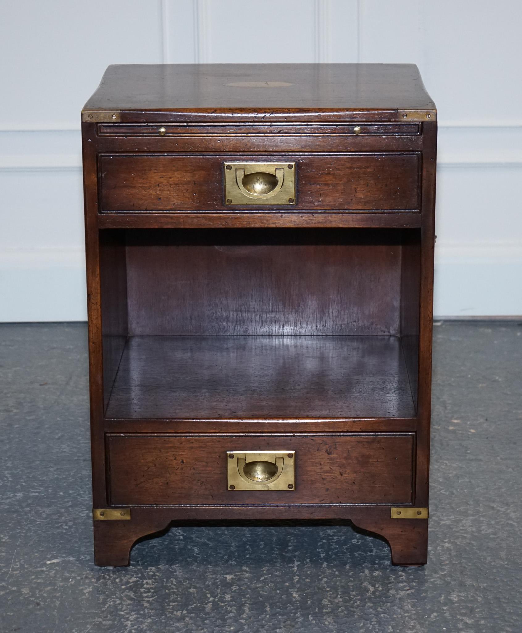 20th Century Vintage Harrods Kennedy Military Campaign Mahogany Bedside End Table 2 Drawers