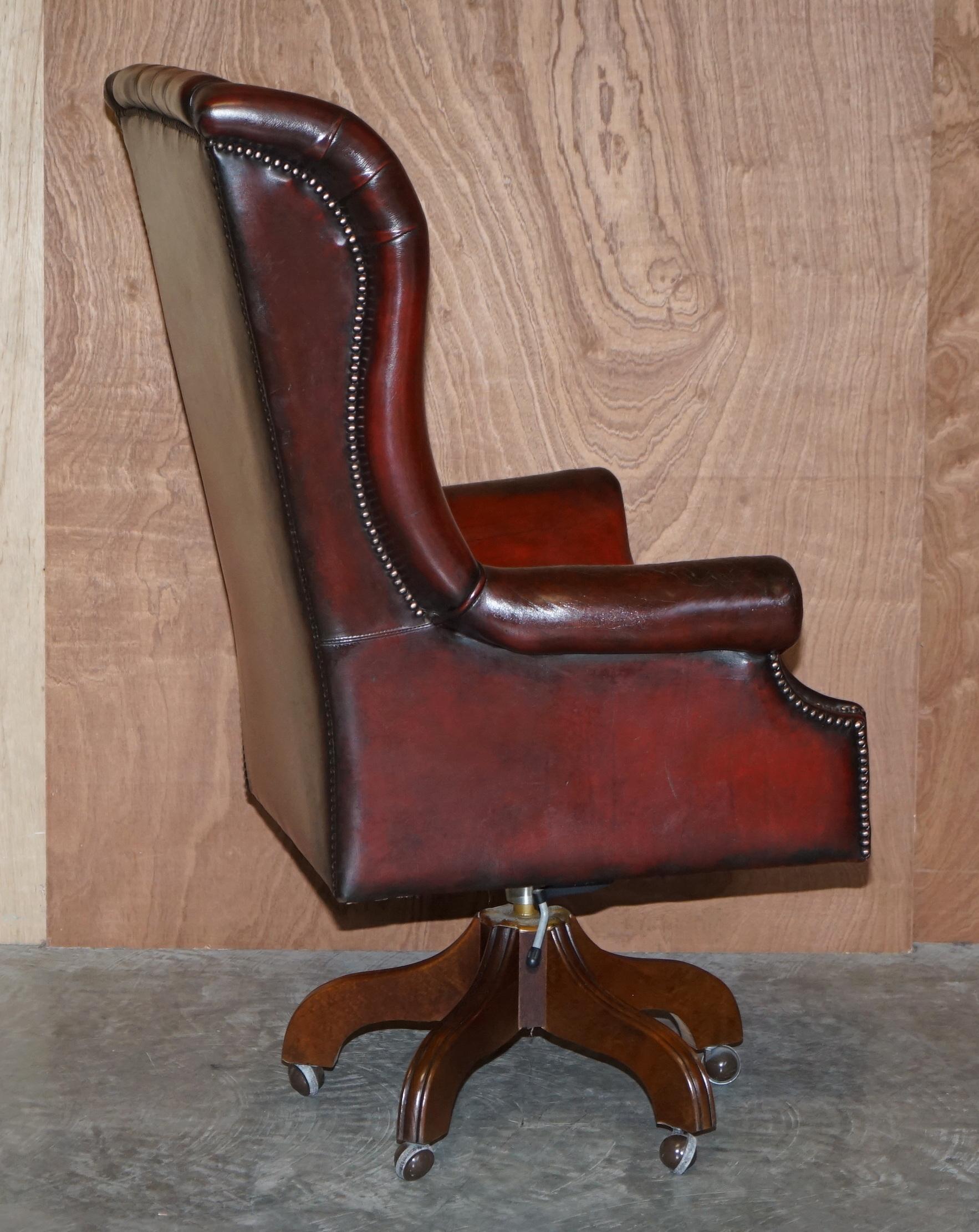 Vintage Harrods London Bordeaux Leather Wingback Captains Directors Swivel Chair 3