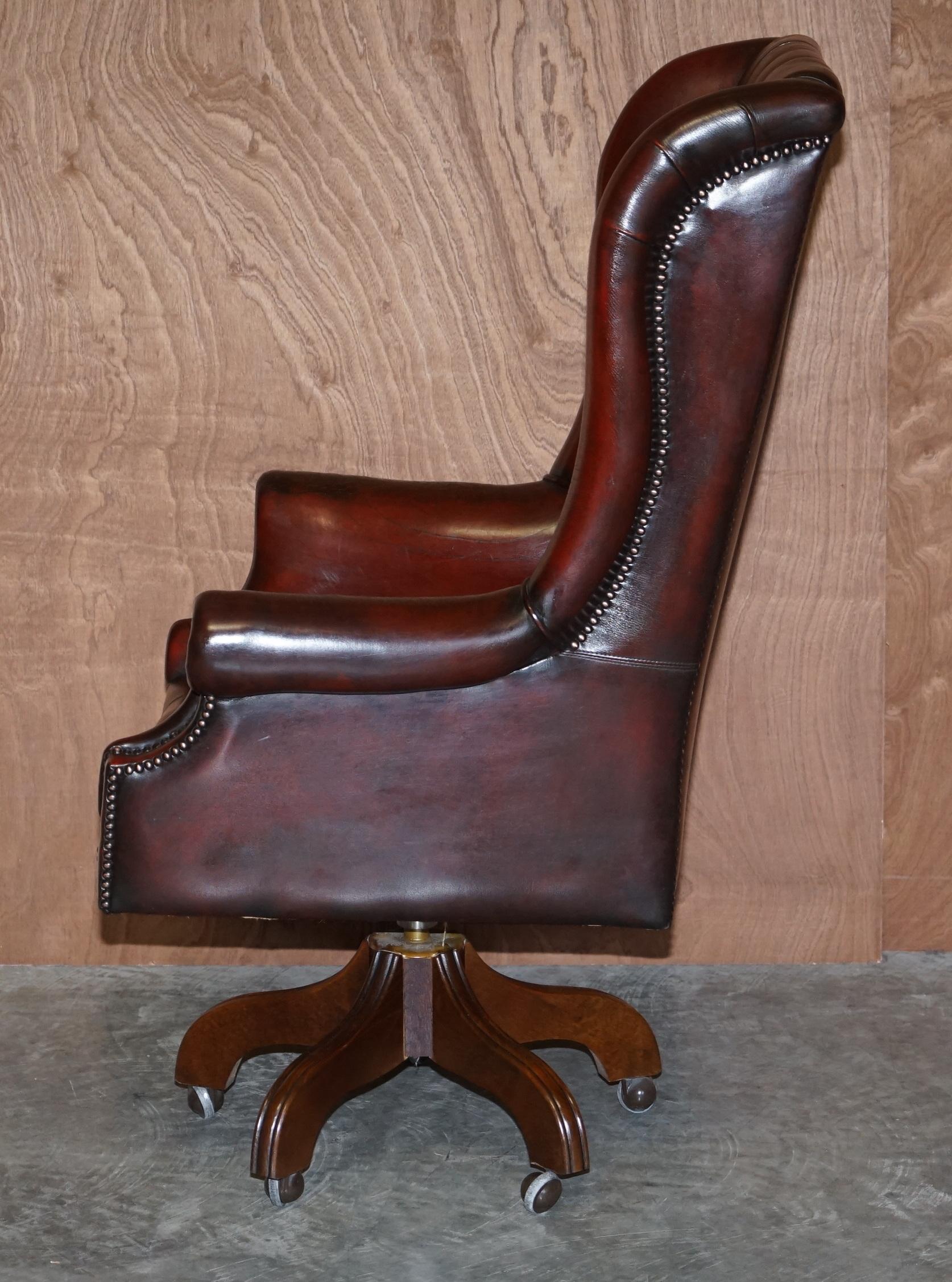 Vintage Harrods London Bordeaux Leather Wingback Captains Directors Swivel Chair 3