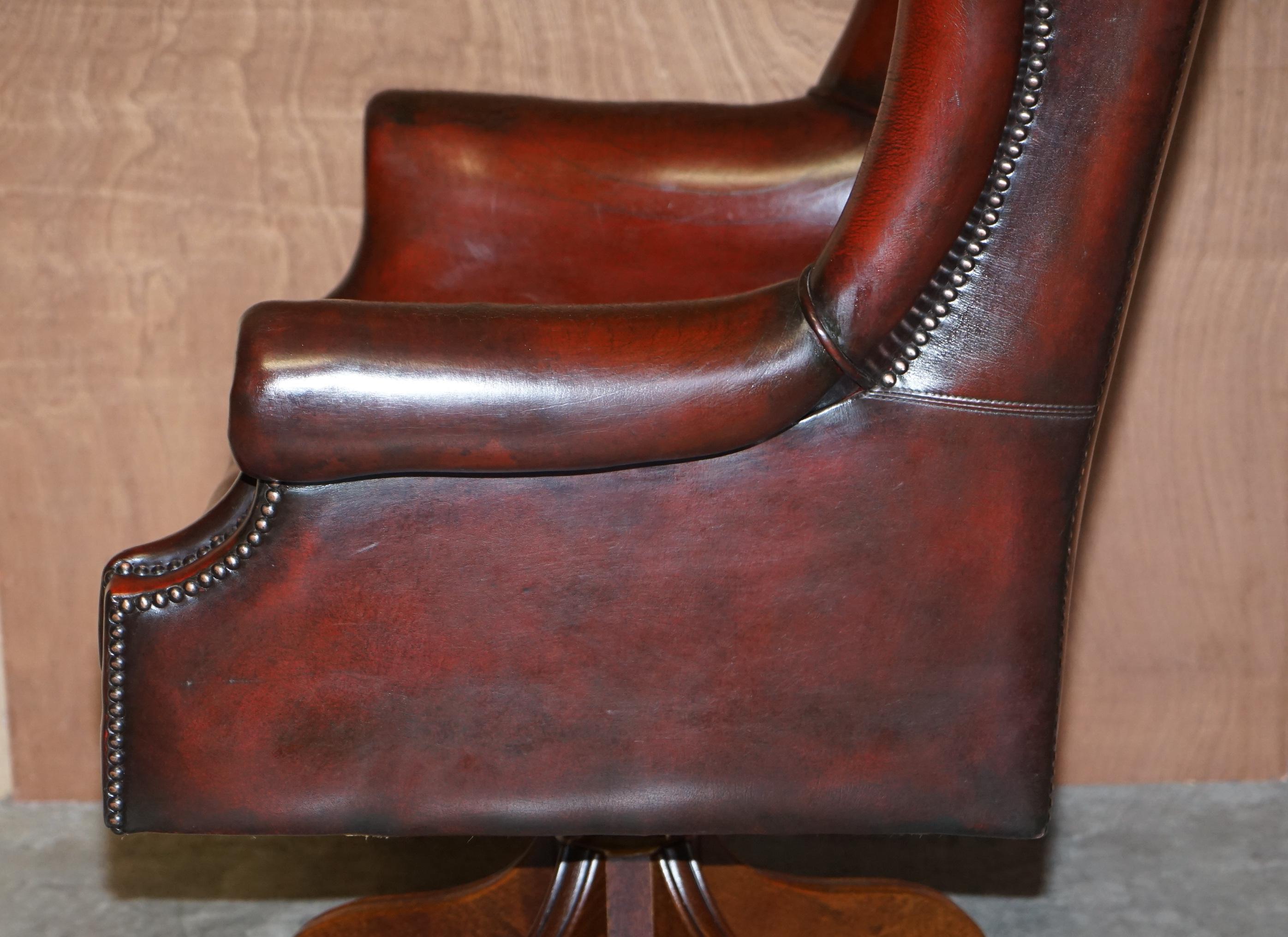 Vintage Harrods London Bordeaux Leather Wingback Captains Directors Swivel Chair 6