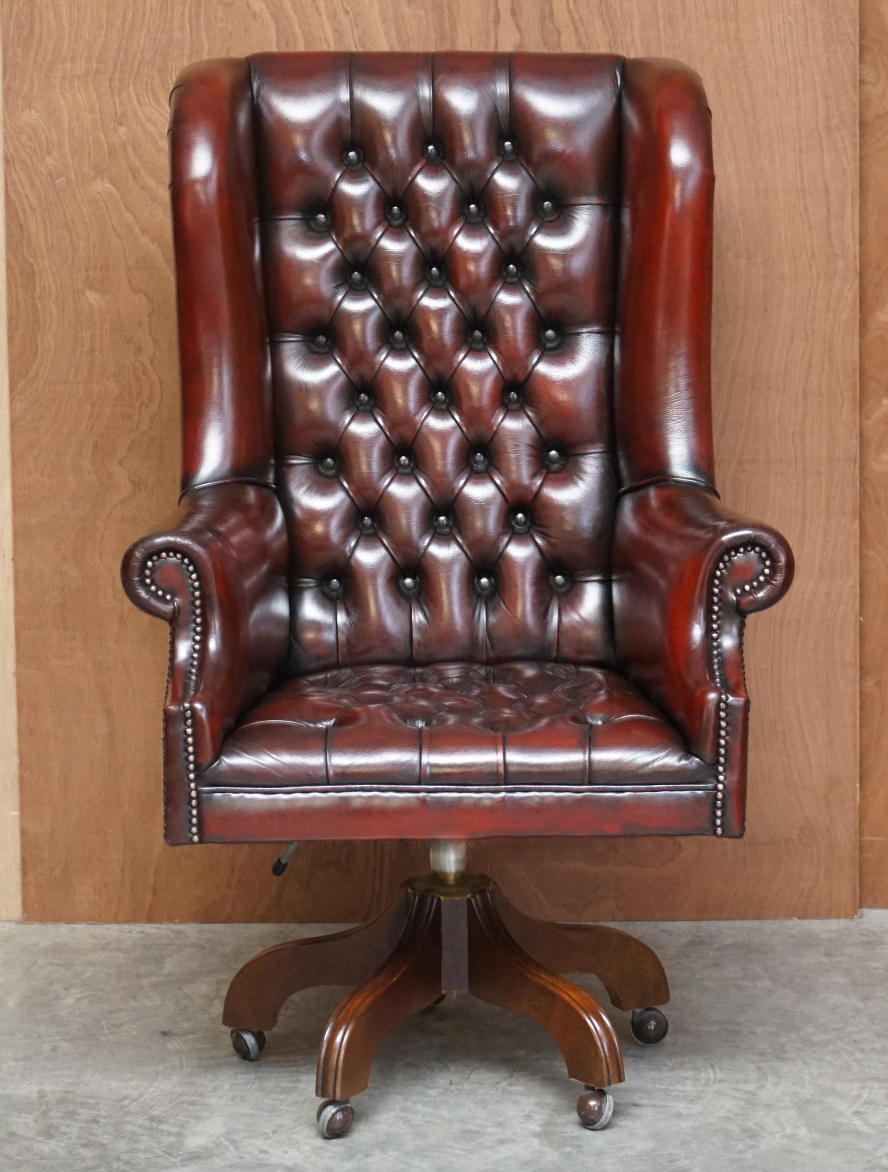 We are delighted to offer for sale this stunning restored hand dyed Bordeaux leather very large Chesterfield Wingback office chair with original leather and patina

This is a very comfortable captain’s indeed, it’s like your favourite reading