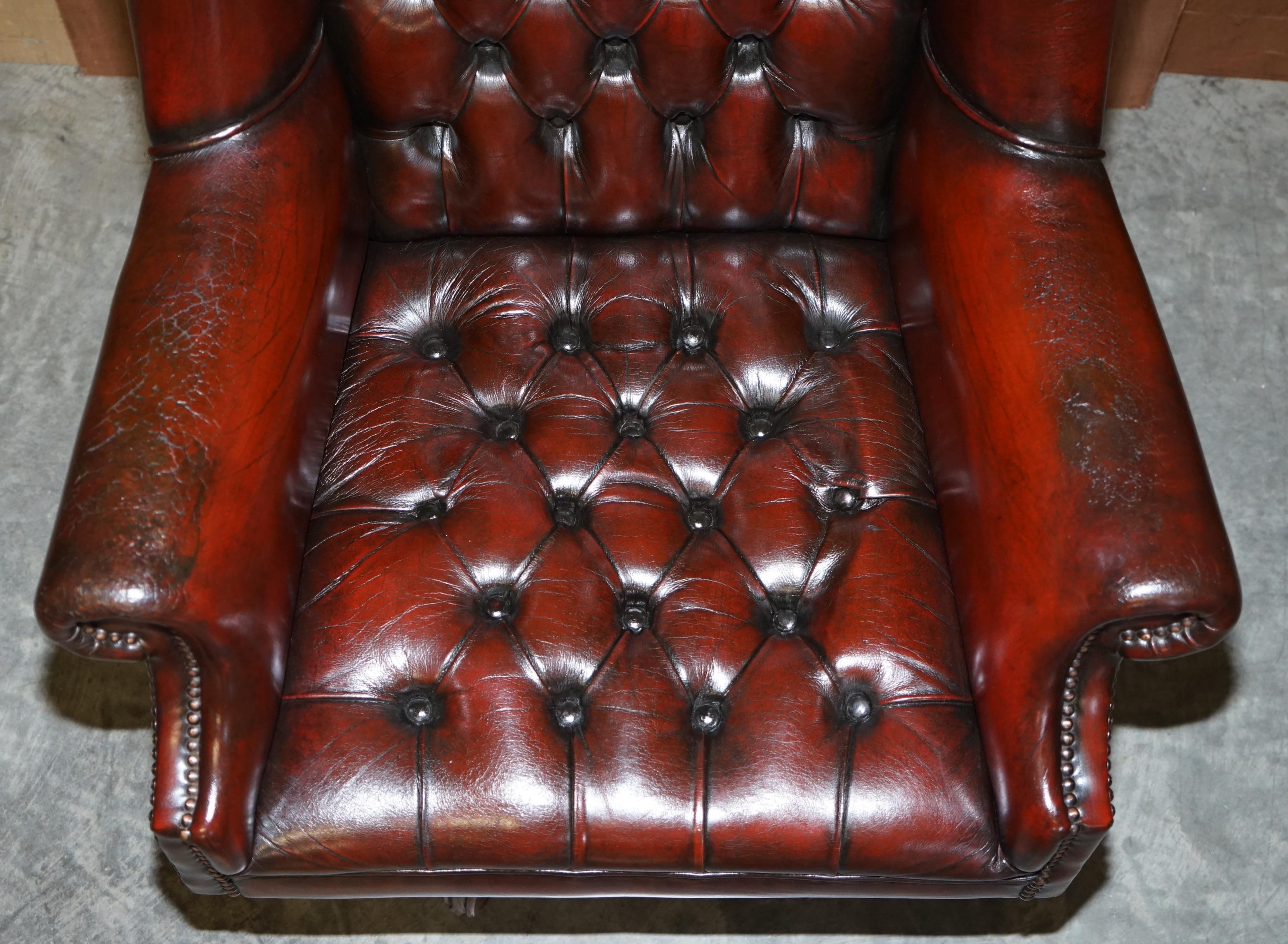 English Vintage Harrods London Bordeaux Leather Wingback Captains Directors Swivel Chair