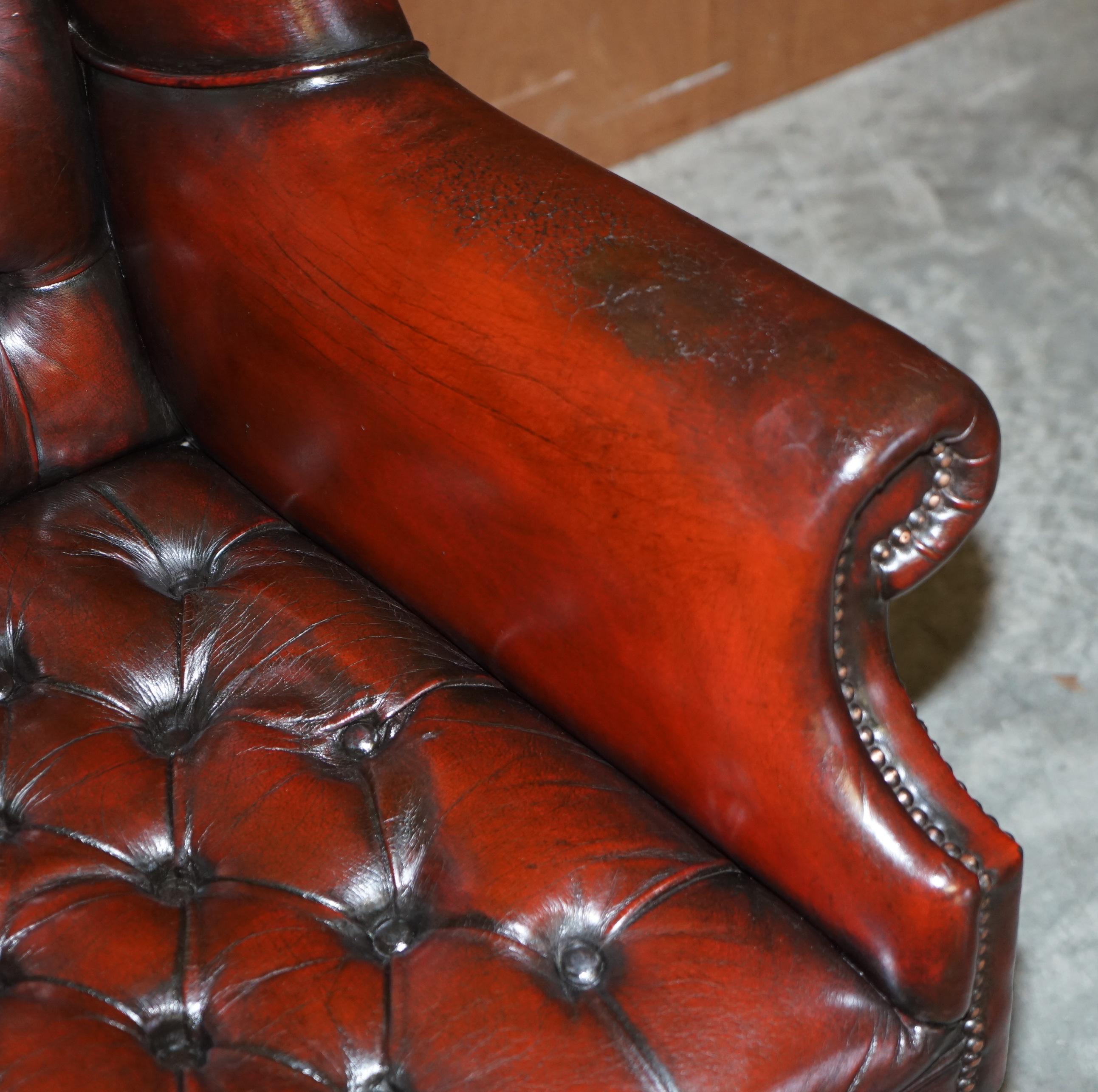 Hand-Crafted Vintage Harrods London Bordeaux Leather Wingback Captains Directors Swivel Chair
