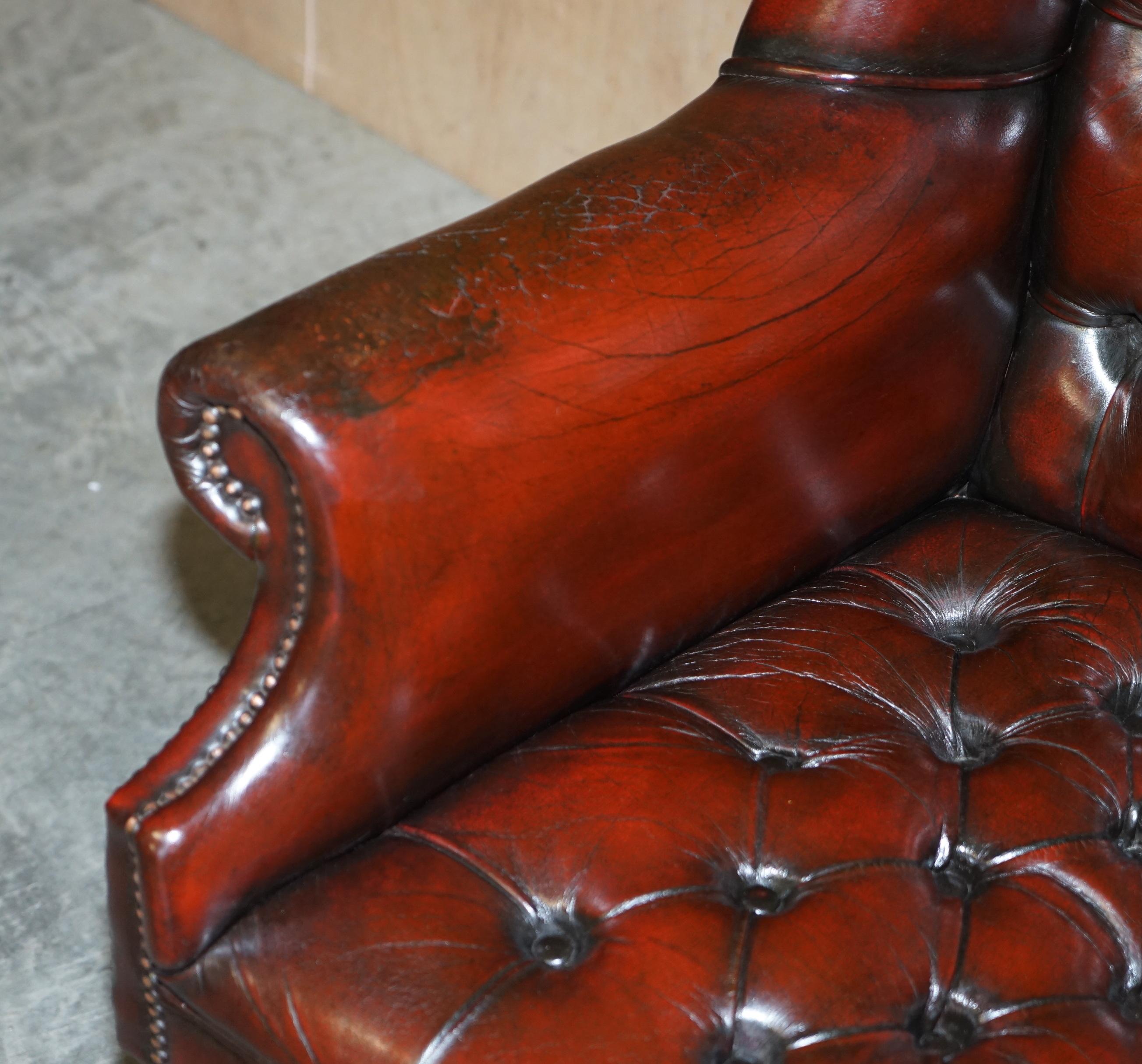 Hand-Crafted Vintage Harrods London Bordeaux Leather Wingback Captains Directors Swivel Chair