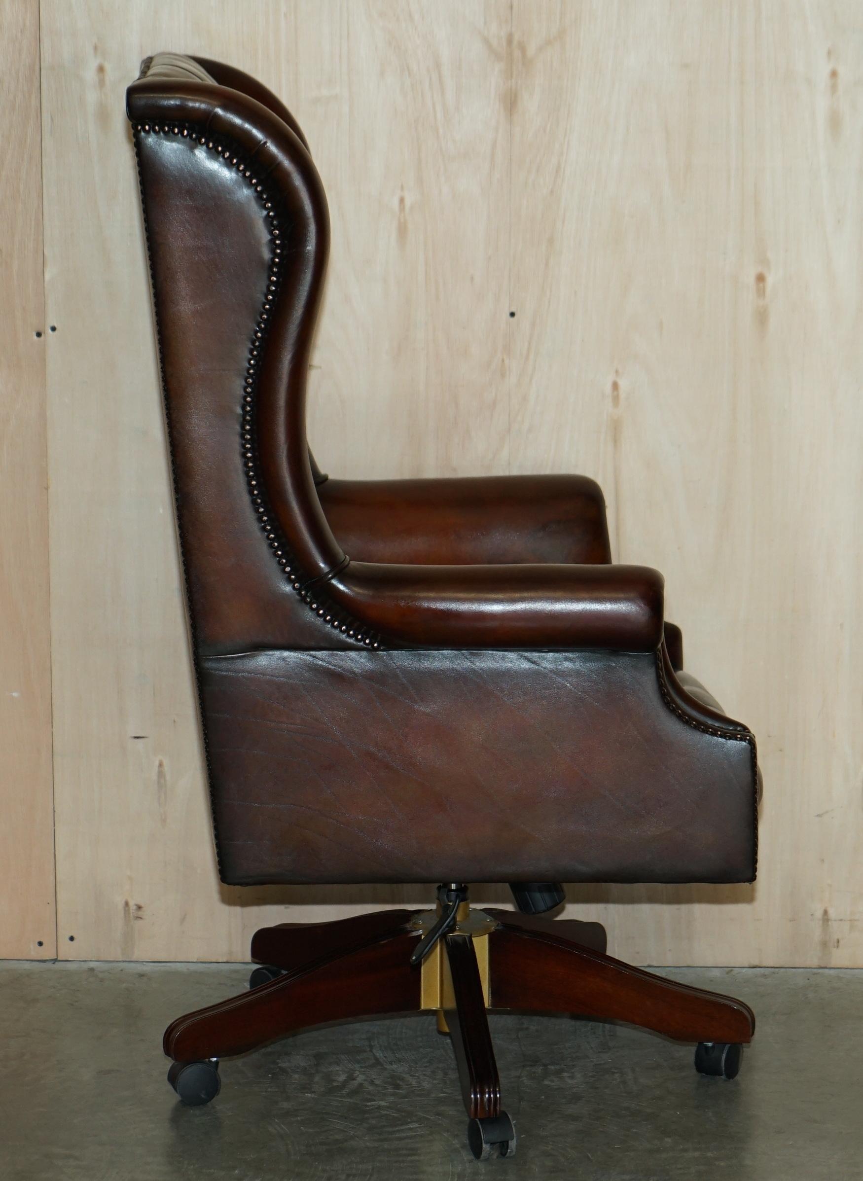 Vintage Harrods London Brown Leather Wingback Captains Directors Swivel Chair For Sale 10