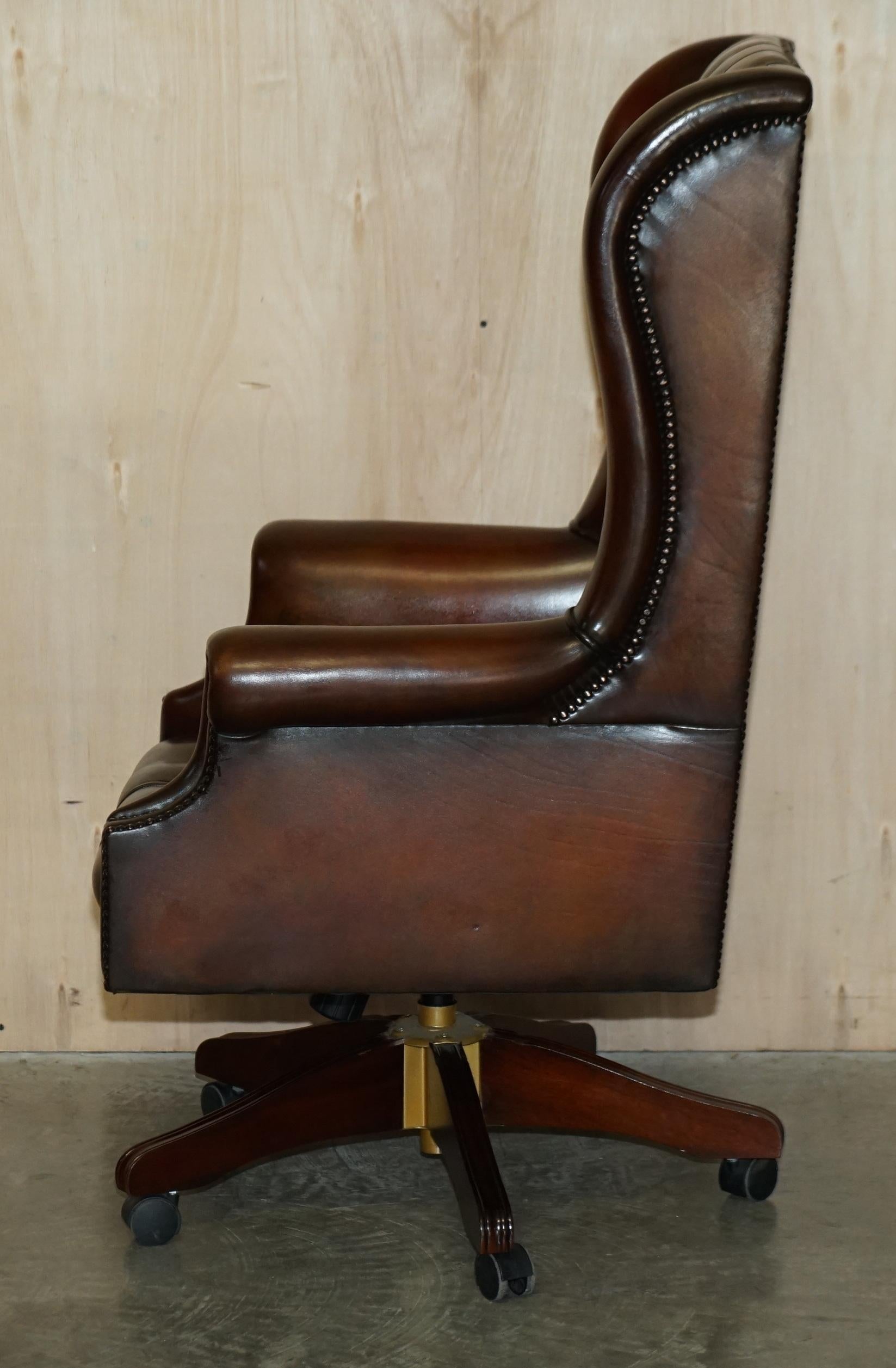 Vintage Harrods London Brown Leather Wingback Captains Directors Swivel Chair For Sale 13