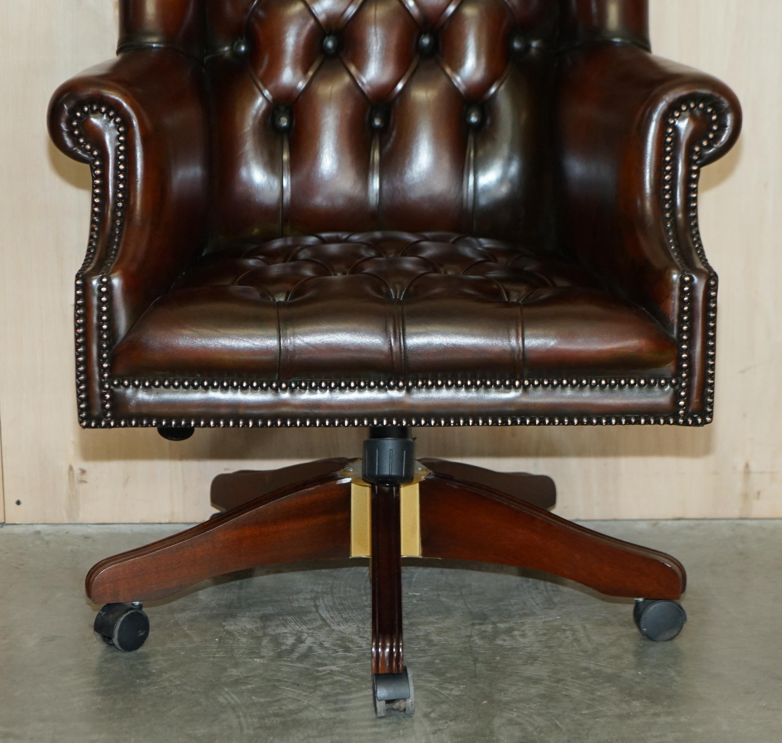 Art Deco Vintage Harrods London Brown Leather Wingback Captains Directors Swivel Chair For Sale