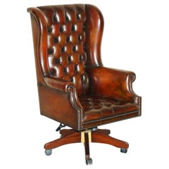 Vintage Harrods London, schwarzes Leder, Flügellehne, Kapitäns Directors, Drehstuhl