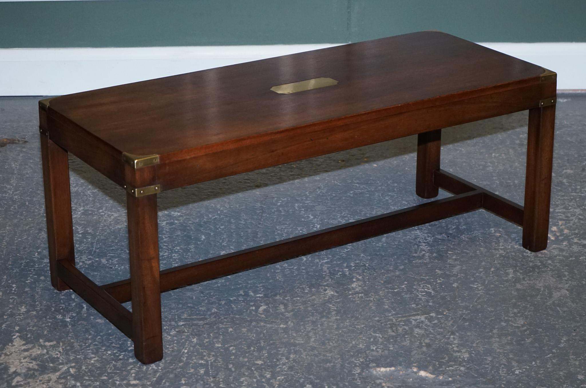 We are delighted to offer this vintage Harrods London Kennedy Military Campaign coffee table. 

A good-looking well, made, and decorative coffee table, we have lightly restored it to include a deep clean hand-conditioned wax and polish.

It is