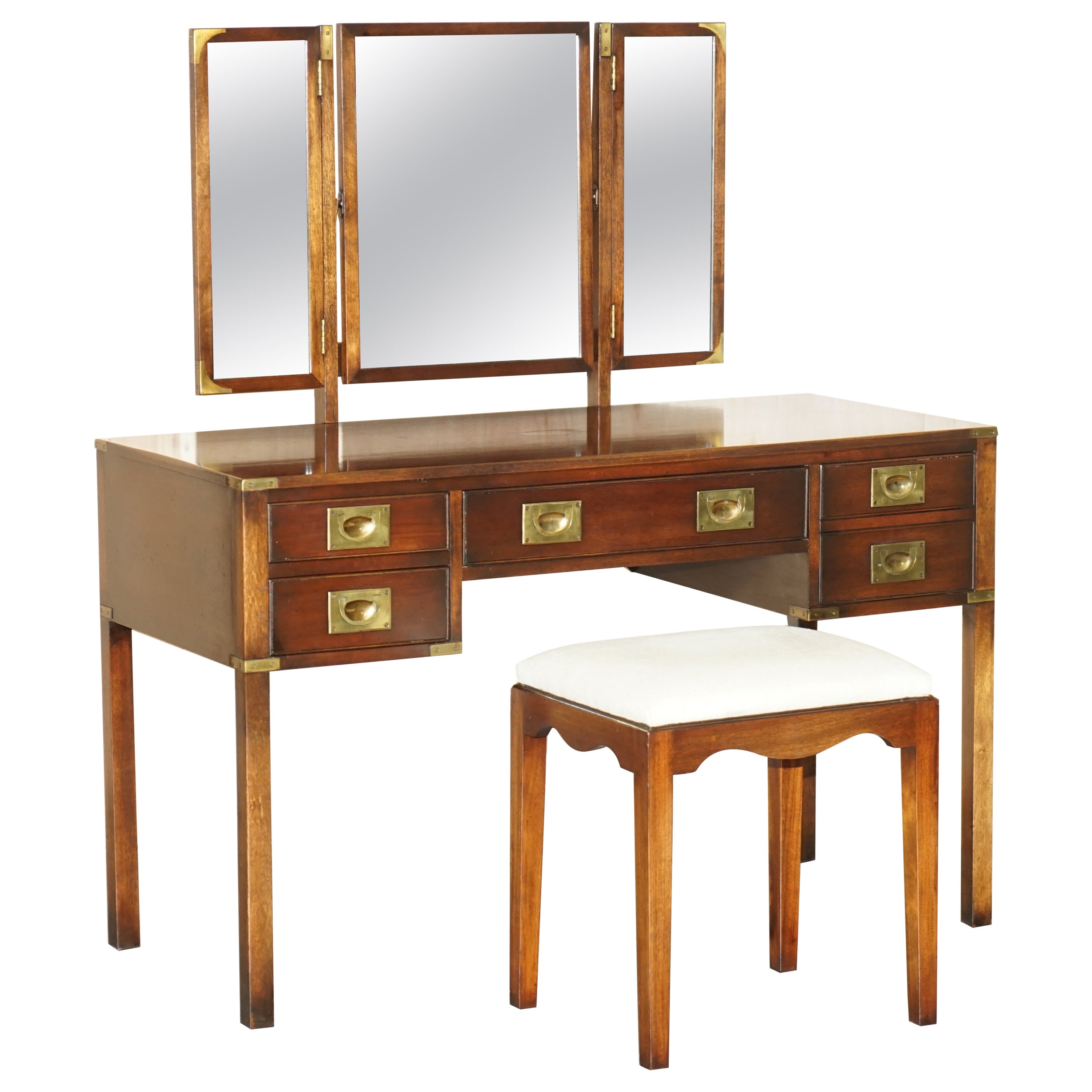 Vintage Harrods London Kennedy Military Campaign Mahogany Dressing Table 
Stool