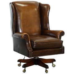 Vintage Harrods London Oversized Brown Leather Wingback Office Captains Chair