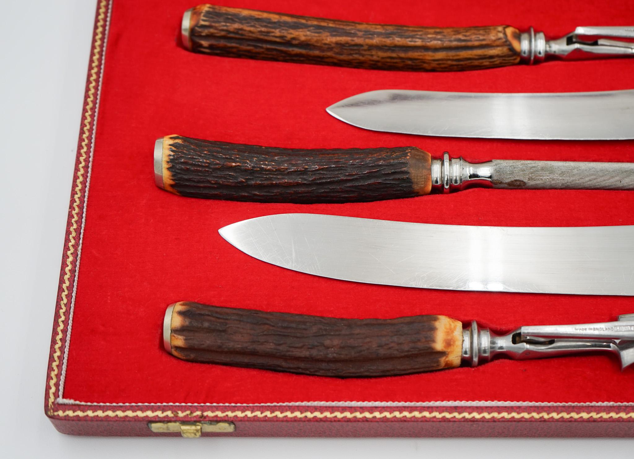 VINTAGE HARRODS LONDON STAG HANDLE SET DE TALLER DE ACERO INOXIDABLE EN CAJA ROJA en venta 1